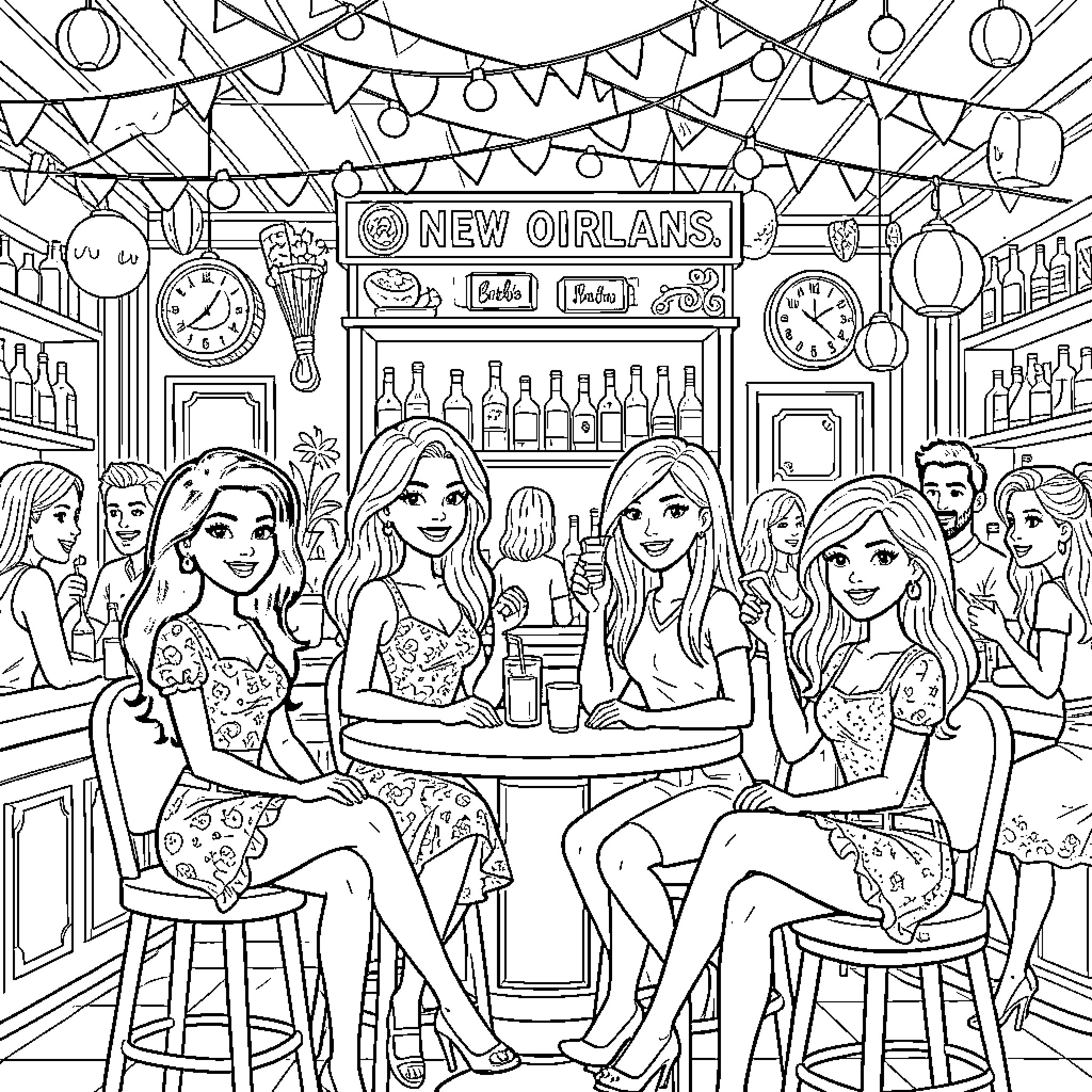 Barbie dolls enjoying a night out at New Orleans cafe Coloring Page (free black-and-white line drawing printable PDF for all, from beginners to advanced learners, including children, teens, adults, and seniors)