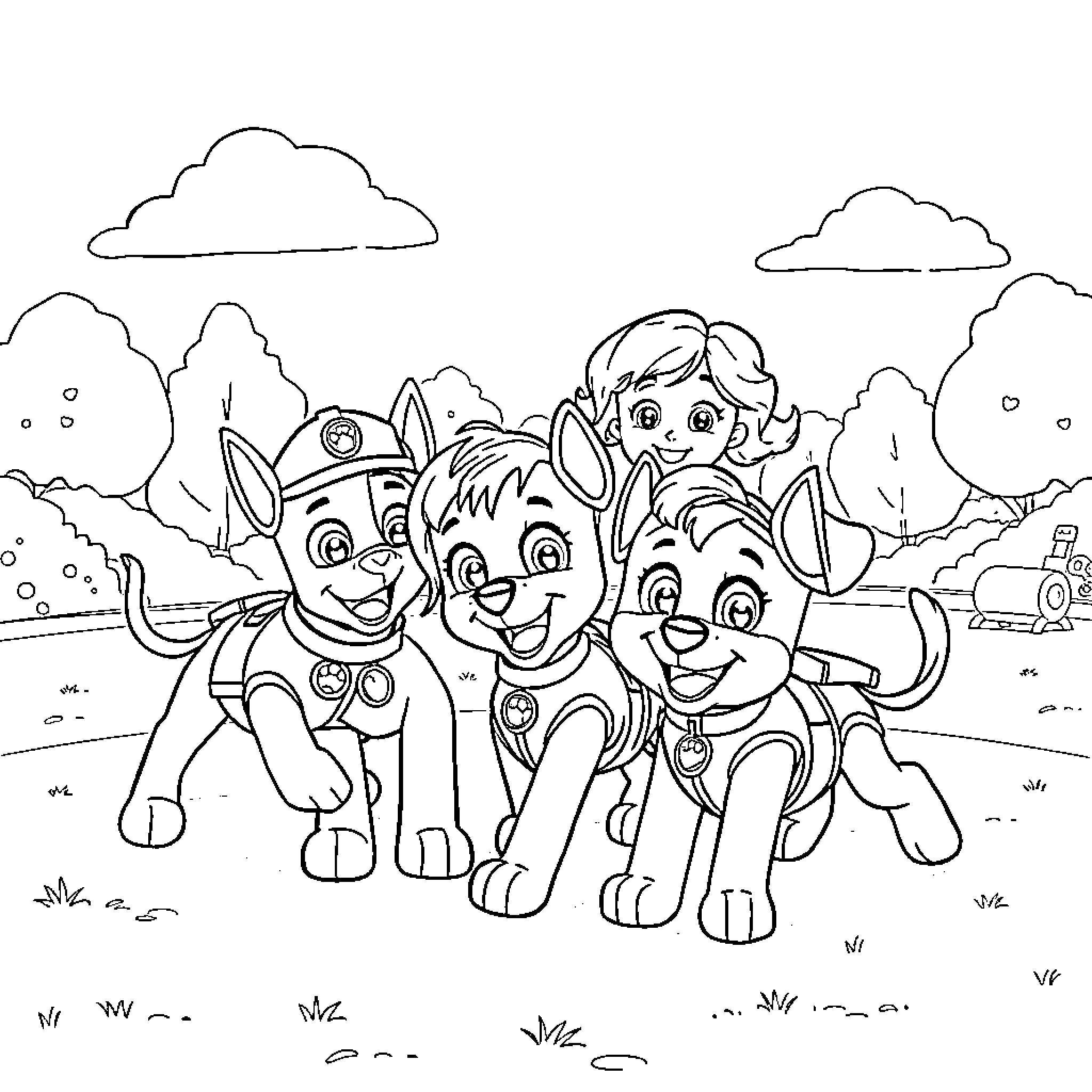 Paw Patrol characters having fun outdoors Coloring Page (free black-and-white line drawing printable PDF for all, from beginners to advanced learners, including children, teens, adults, and seniors)