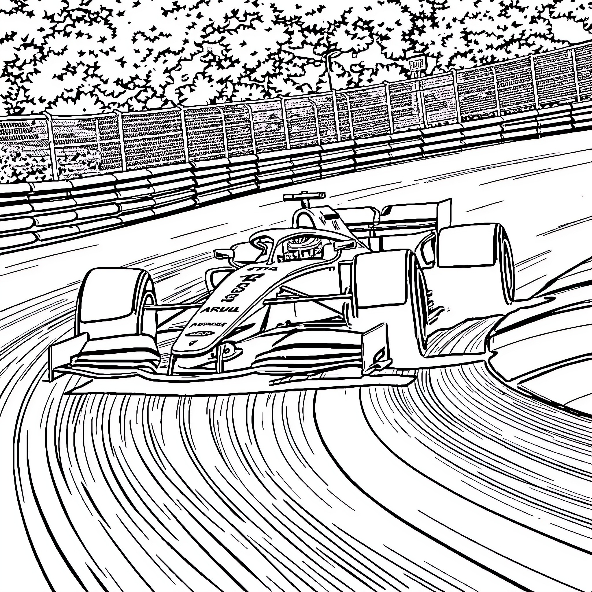Formula 1 Car Racing on Winding Track Coloring Page (free black-and-white line drawing printable PDF for all, from beginners to advanced learners, including children, teens, adults, and seniors)