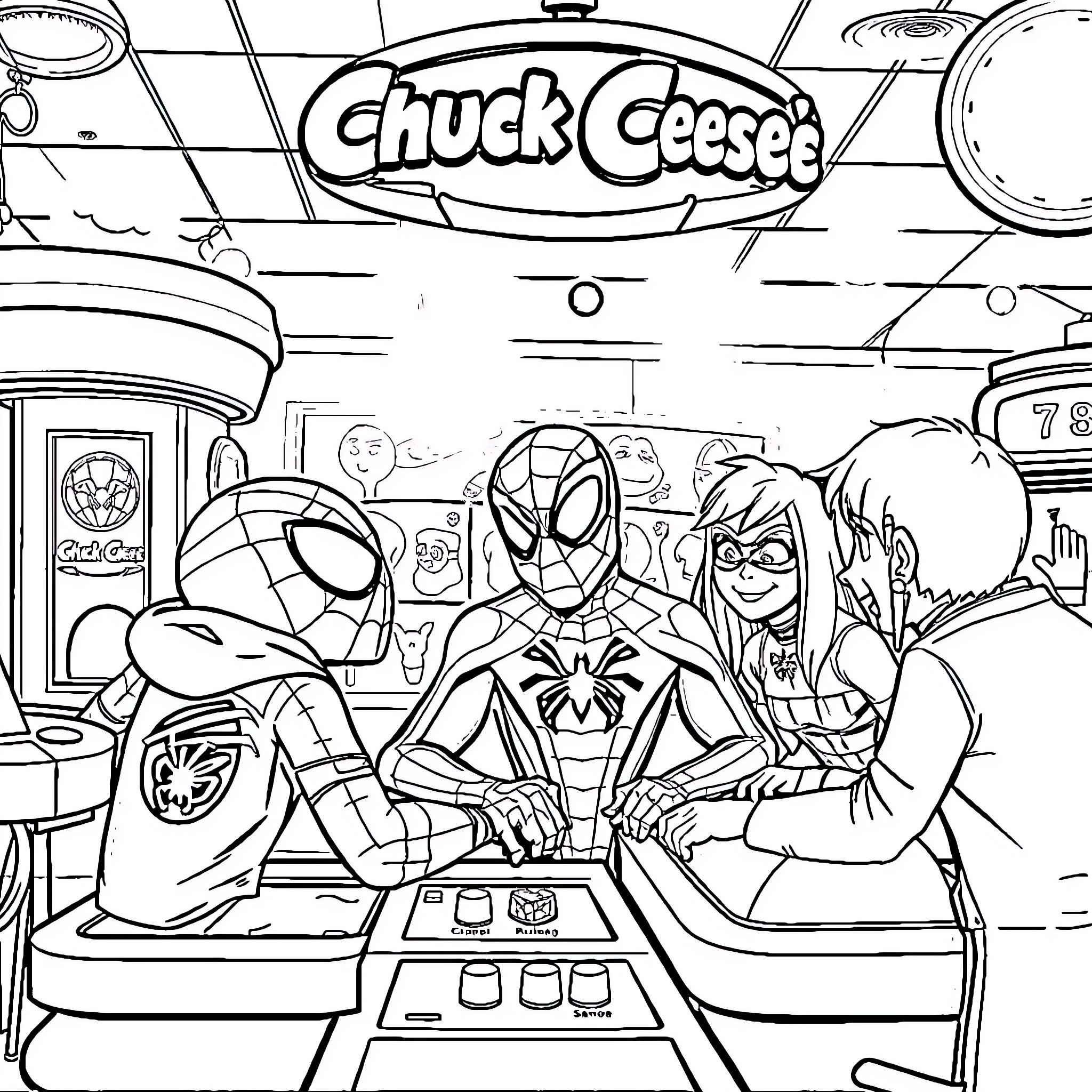 Spidey and friends at Chuck E. Cheese's Coloring Page (free black-and-white line drawing printable PDF for all, from beginners to advanced learners, including children, teens, adults, and seniors)