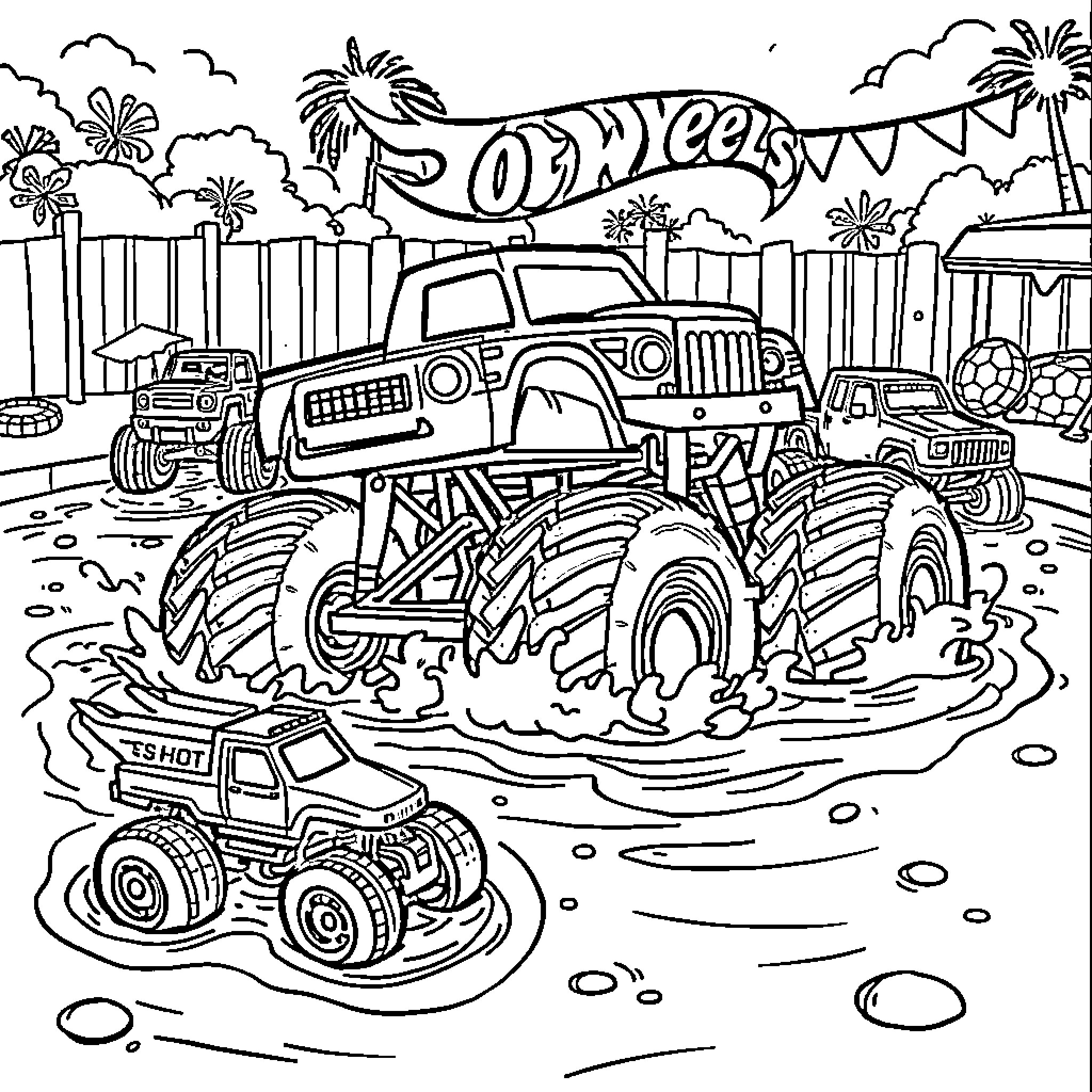 Monster Truck Festival with Mud and Adventure Coloring Page (free black-and-white line drawing printable PDF for all, from beginners to advanced learners, including children, teens, adults, and seniors)