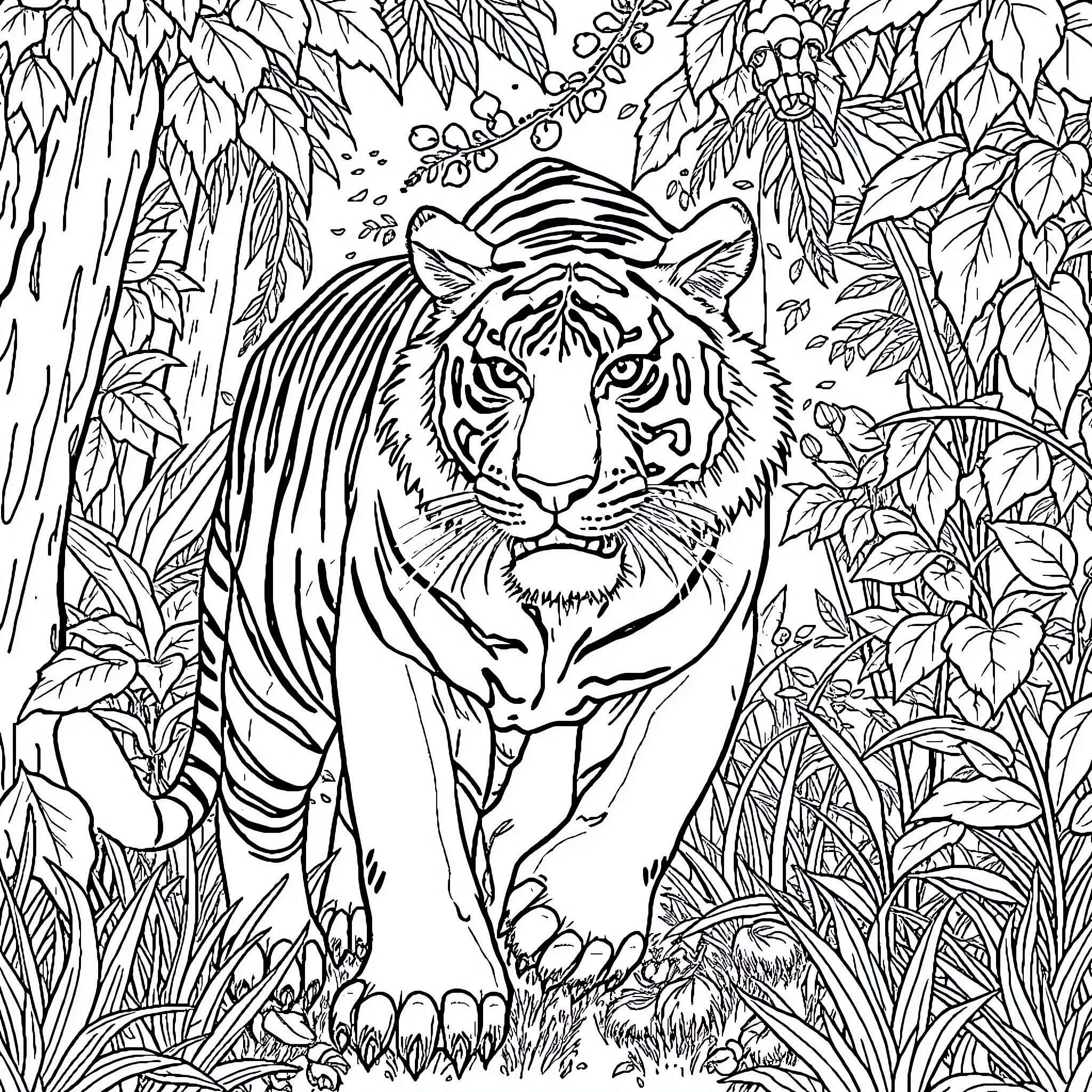 Tiger in Tropical Jungle Foliage Coloring Page (free black-and-white line drawing printable PDF for all, from beginners to advanced learners, including children, teens, adults, and seniors)