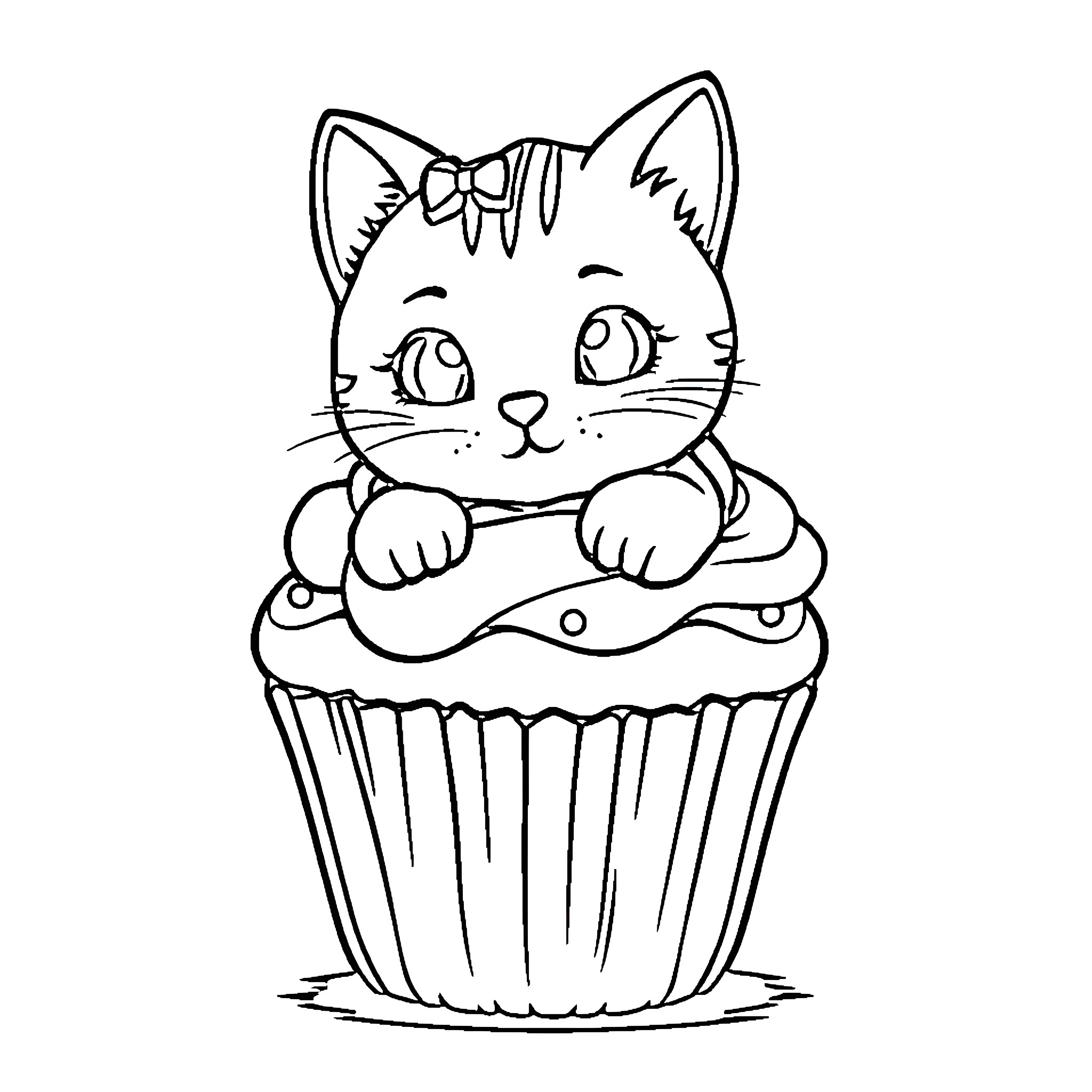 Cat on a Cupcake Coloring Page (free black-and-white line drawing printable PDF for all, from beginners to advanced learners, including children, teens, adults, and seniors)
