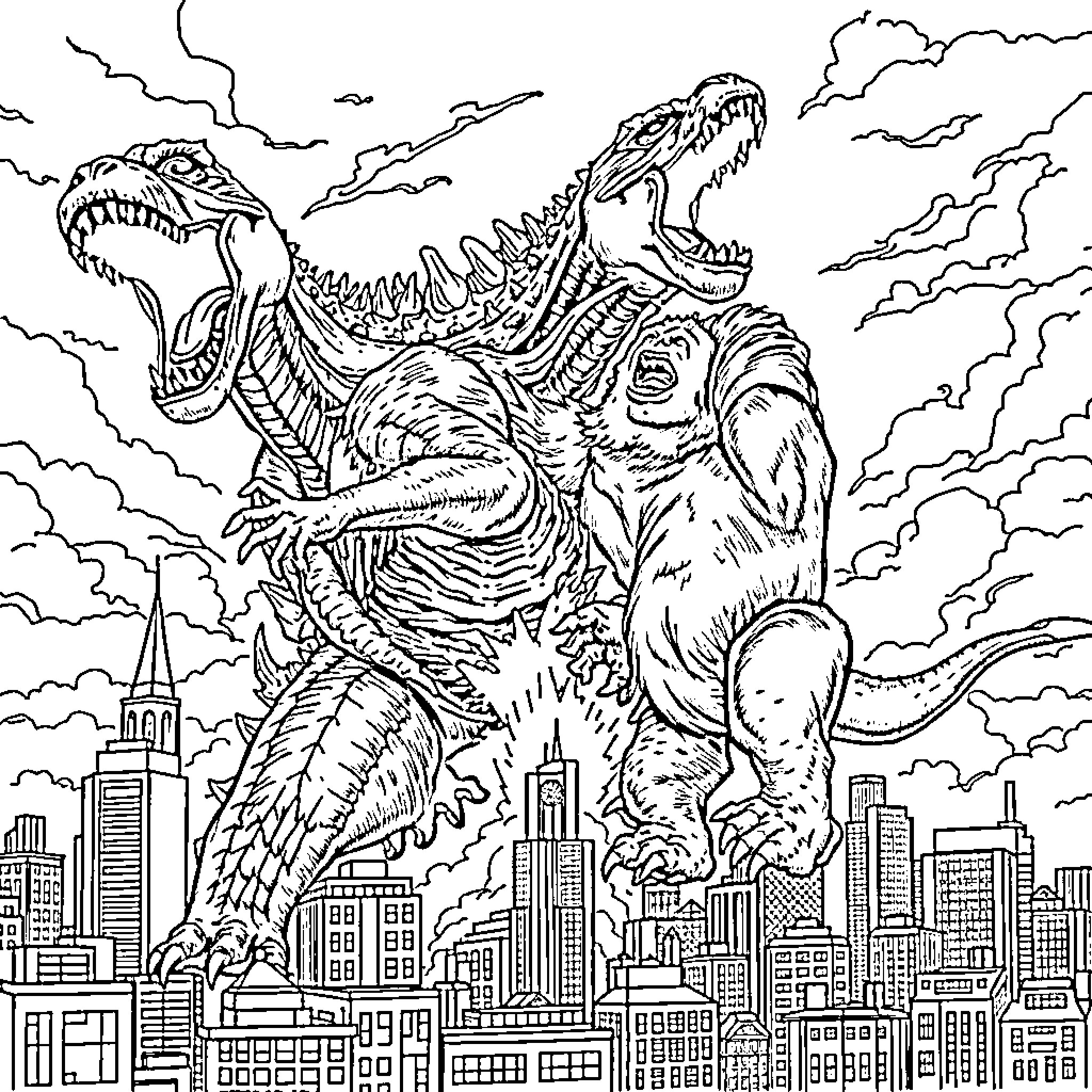 Godzilla's Rampage Over the City Coloring Page (free black-and-white line drawing printable PDF for all, from beginners to advanced learners, including children, teens, adults, and seniors)