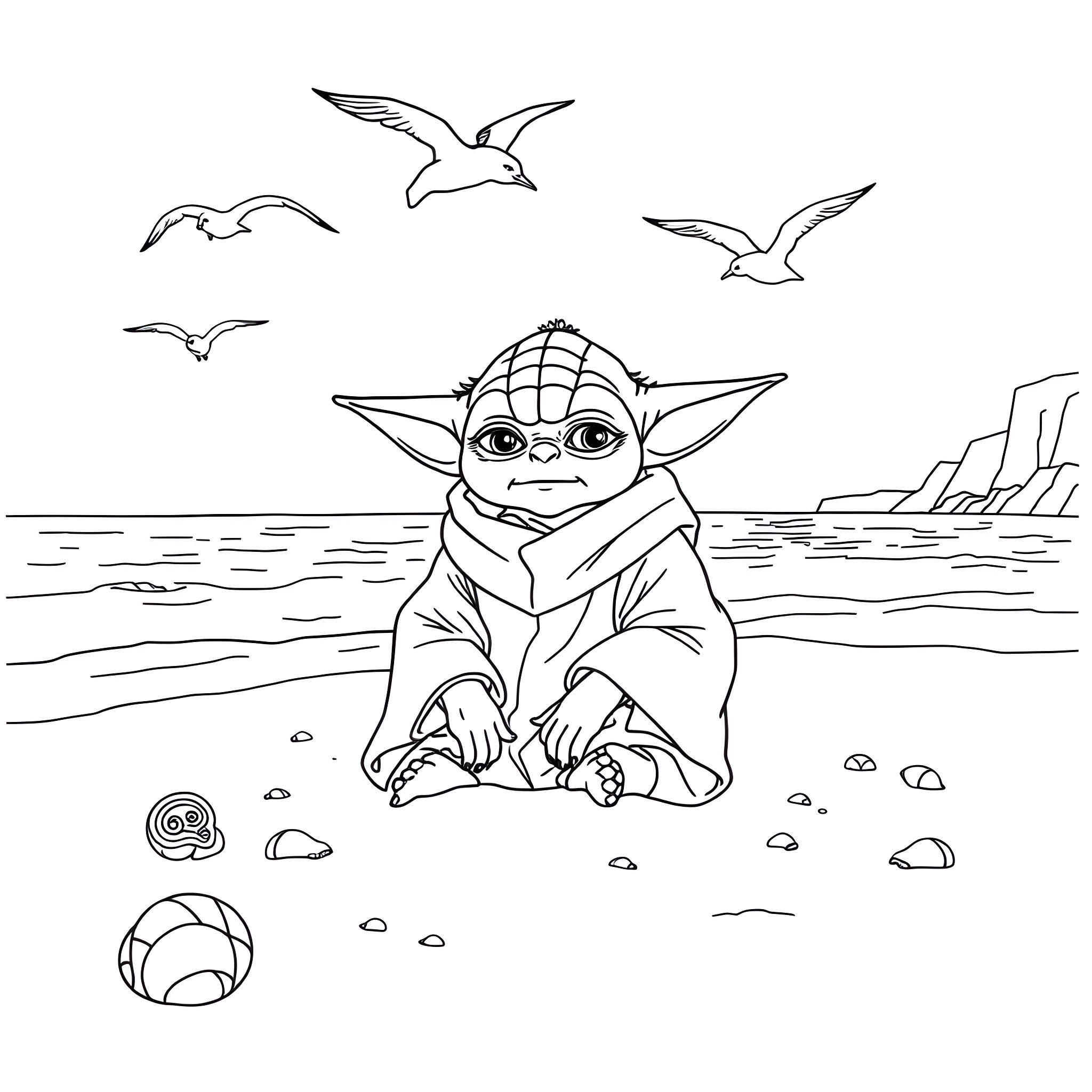 Yoda playing on the beach with seagulls Coloring Page (free black-and-white line drawing printable PDF for all, from beginners to advanced learners, including children, teens, adults, and seniors)