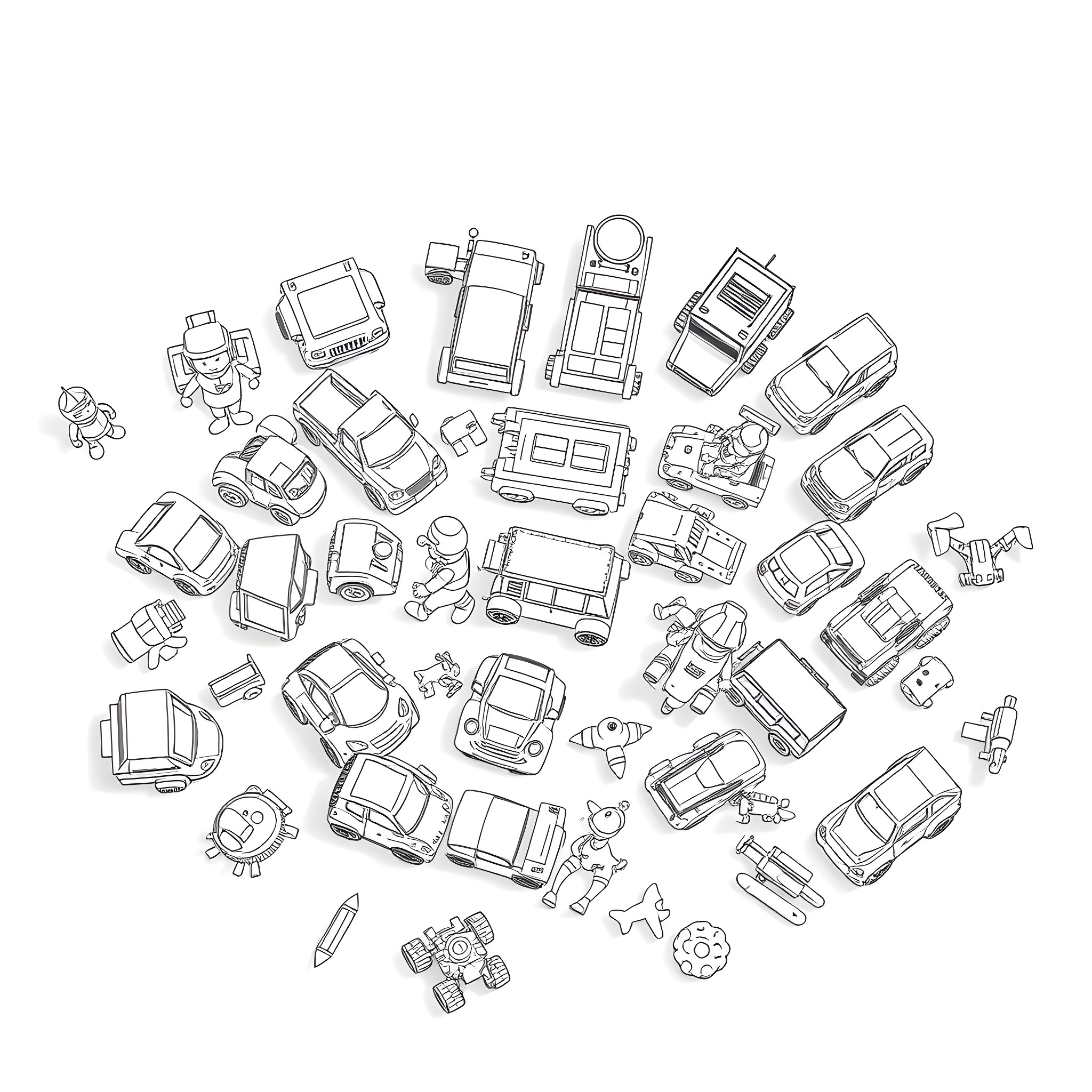 Toy vehicles and accessories scattered on the floor Coloring Page (free black-and-white line drawing printable PDF for all, from beginners to advanced learners, including children, teens, adults, and seniors)