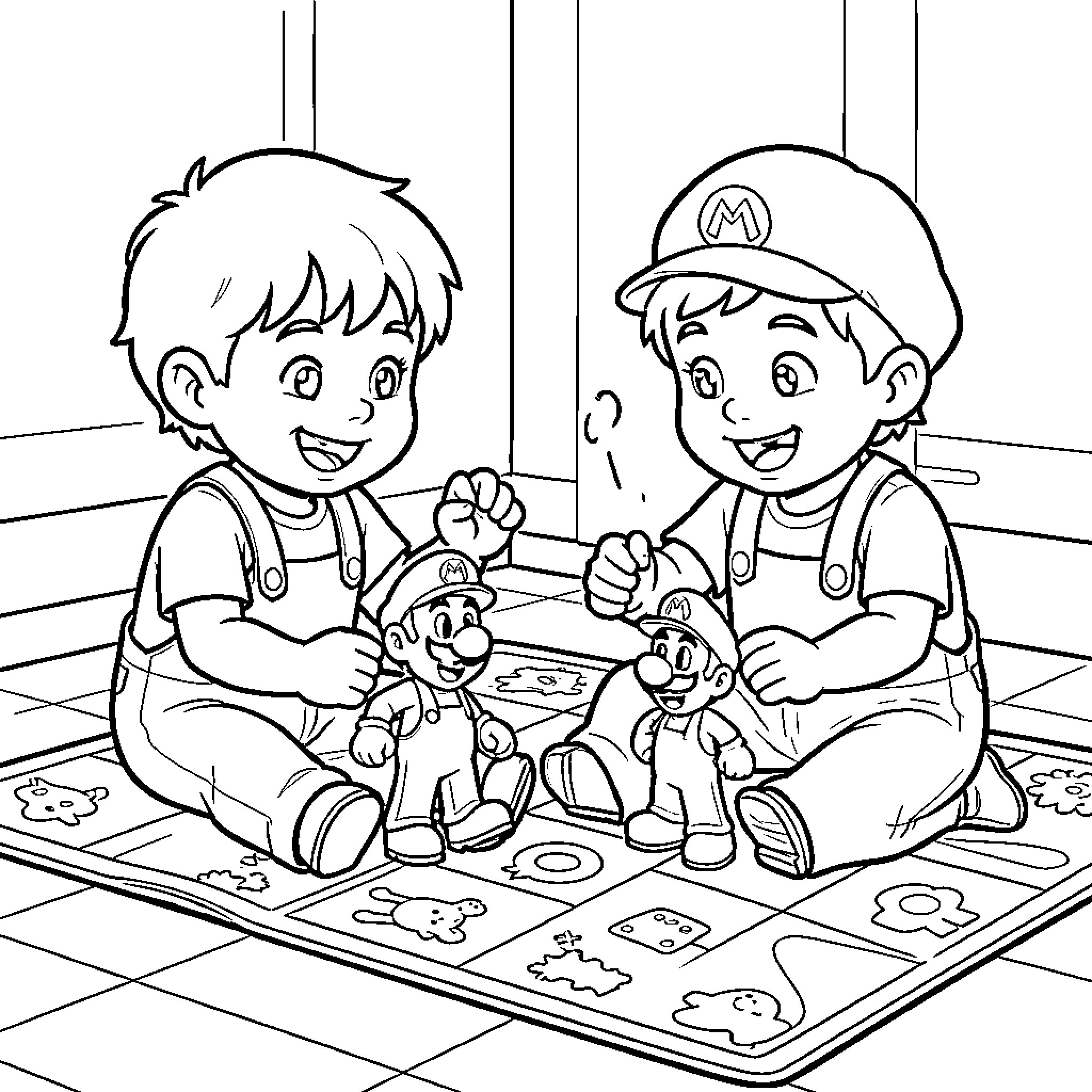 Mario and Luigi Playing with Toys on Tiled Floor Coloring Page (free black-and-white line drawing printable PDF for all, from beginners to advanced learners, including children, teens, adults, and seniors)