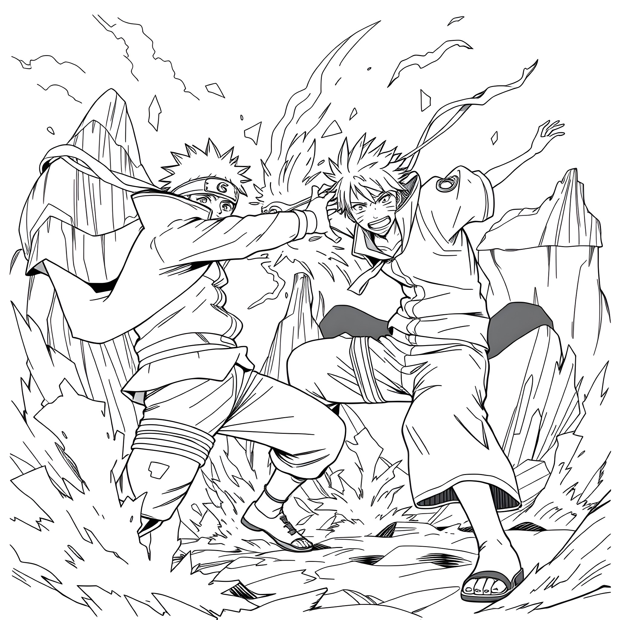 Naruto characters engaged in intense battle scene Coloring Page (free black-and-white line drawing printable PDF for all, from beginners to advanced learners, including children, teens, adults, and seniors)