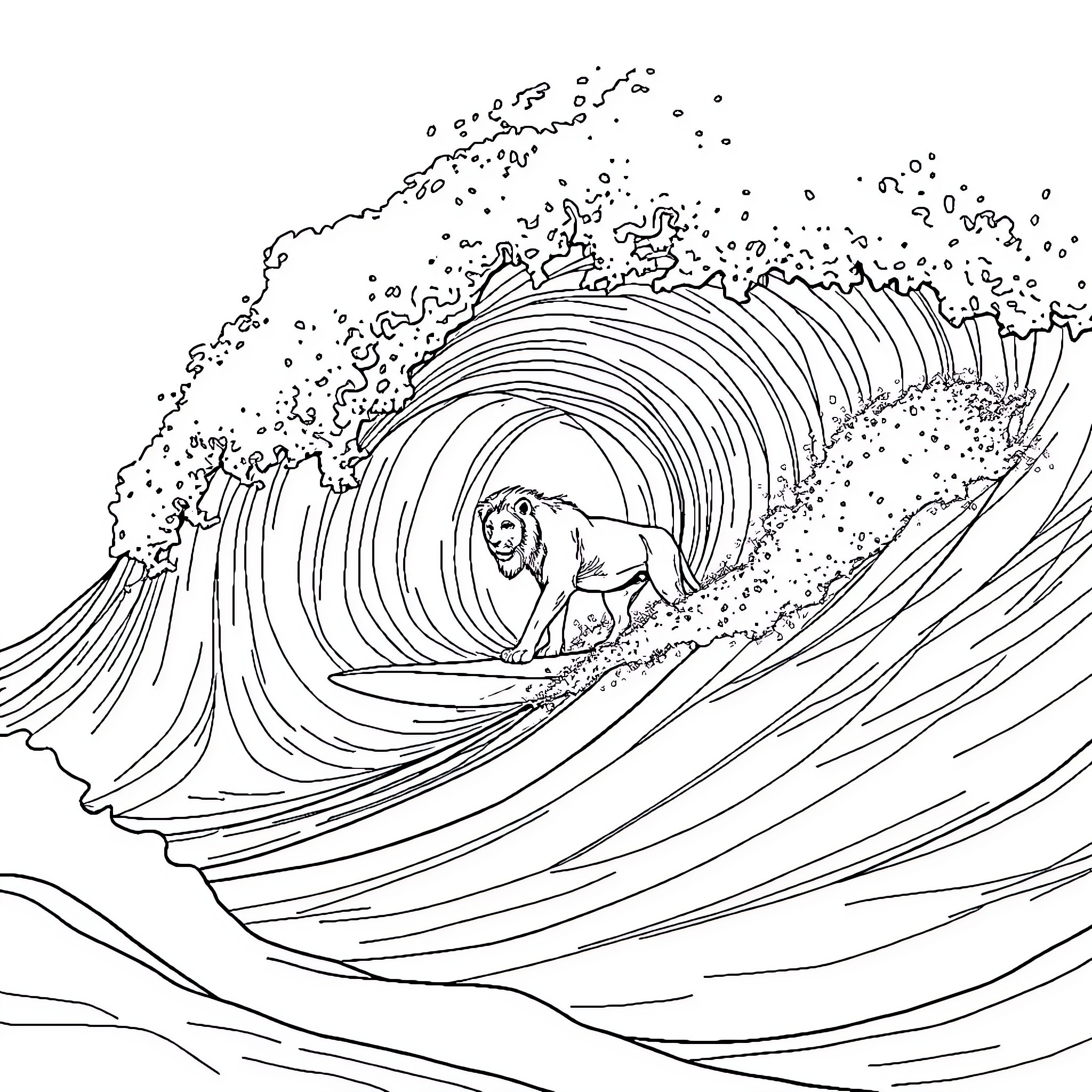 Lion surfing a massive wave Coloring Page (free black-and-white line drawing printable PDF for all, from beginners to advanced learners, including children, teens, adults, and seniors)