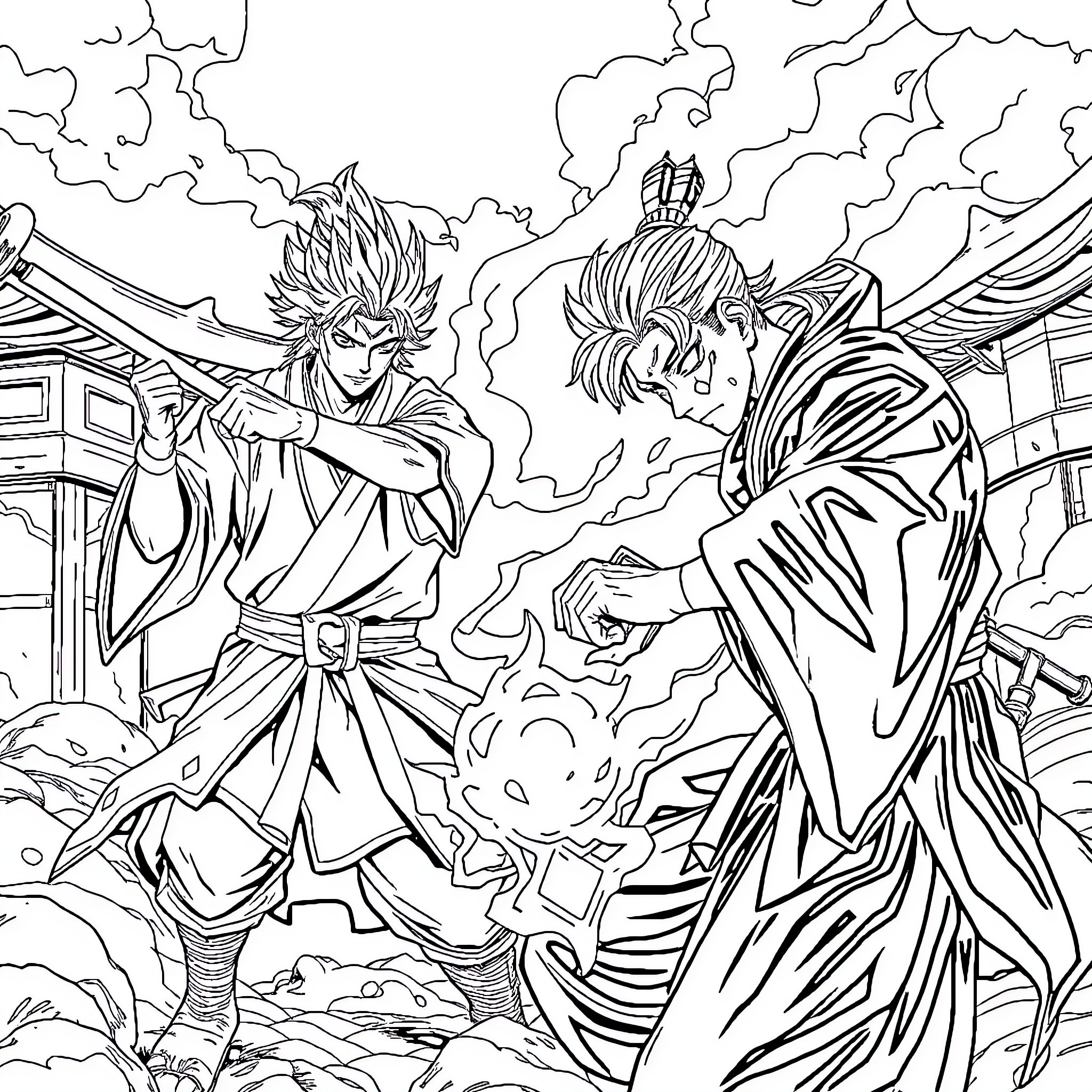 Jujutsu Kaisen - Fierce Battle in Spiritual Realm Coloring Page (free black-and-white line drawing printable PDF for all, from beginners to advanced learners, including children, teens, adults, and seniors)