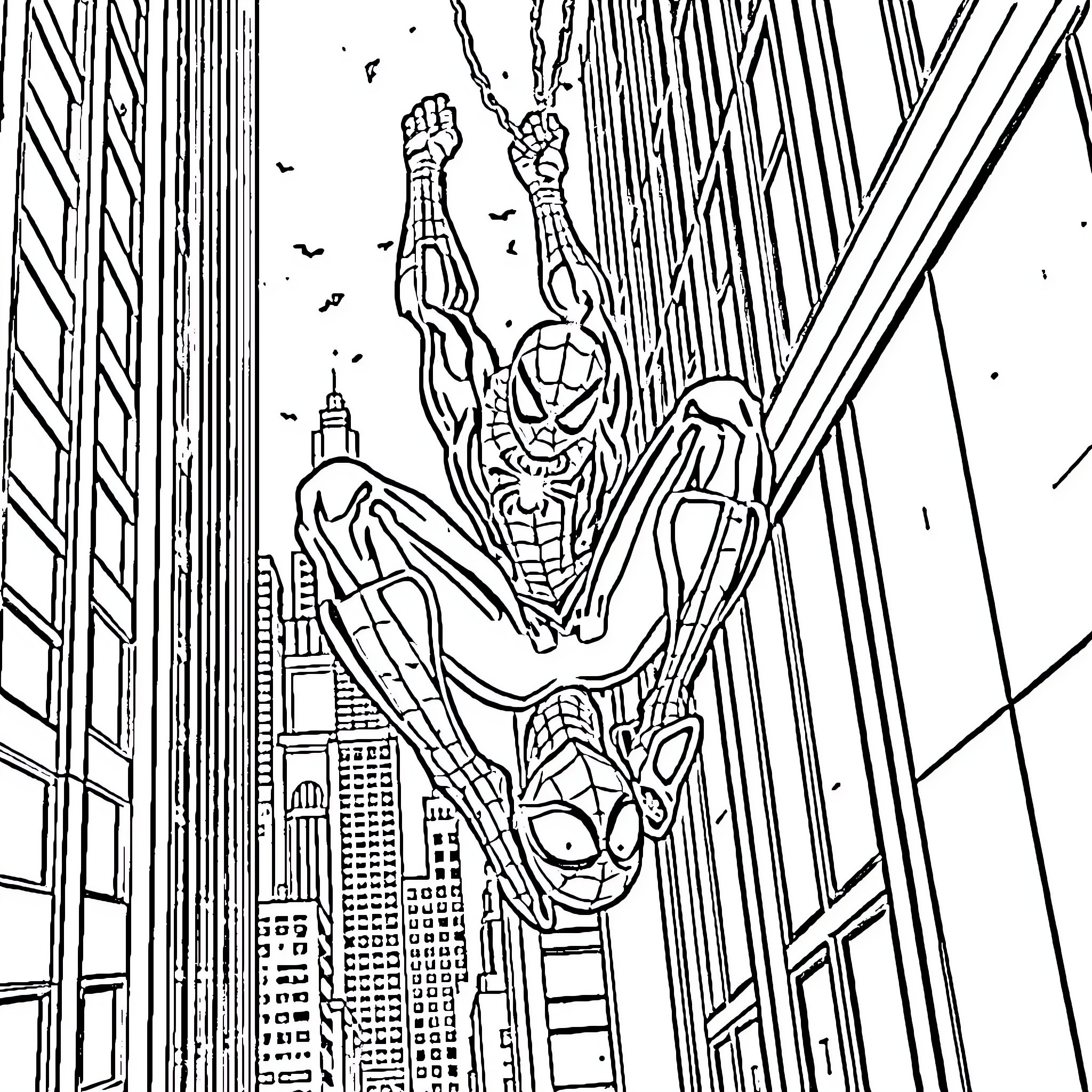 Spiderman swinging through the city skyline Coloring Page (free black-and-white line drawing printable PDF for all, from beginners to advanced learners, including children, teens, adults, and seniors)