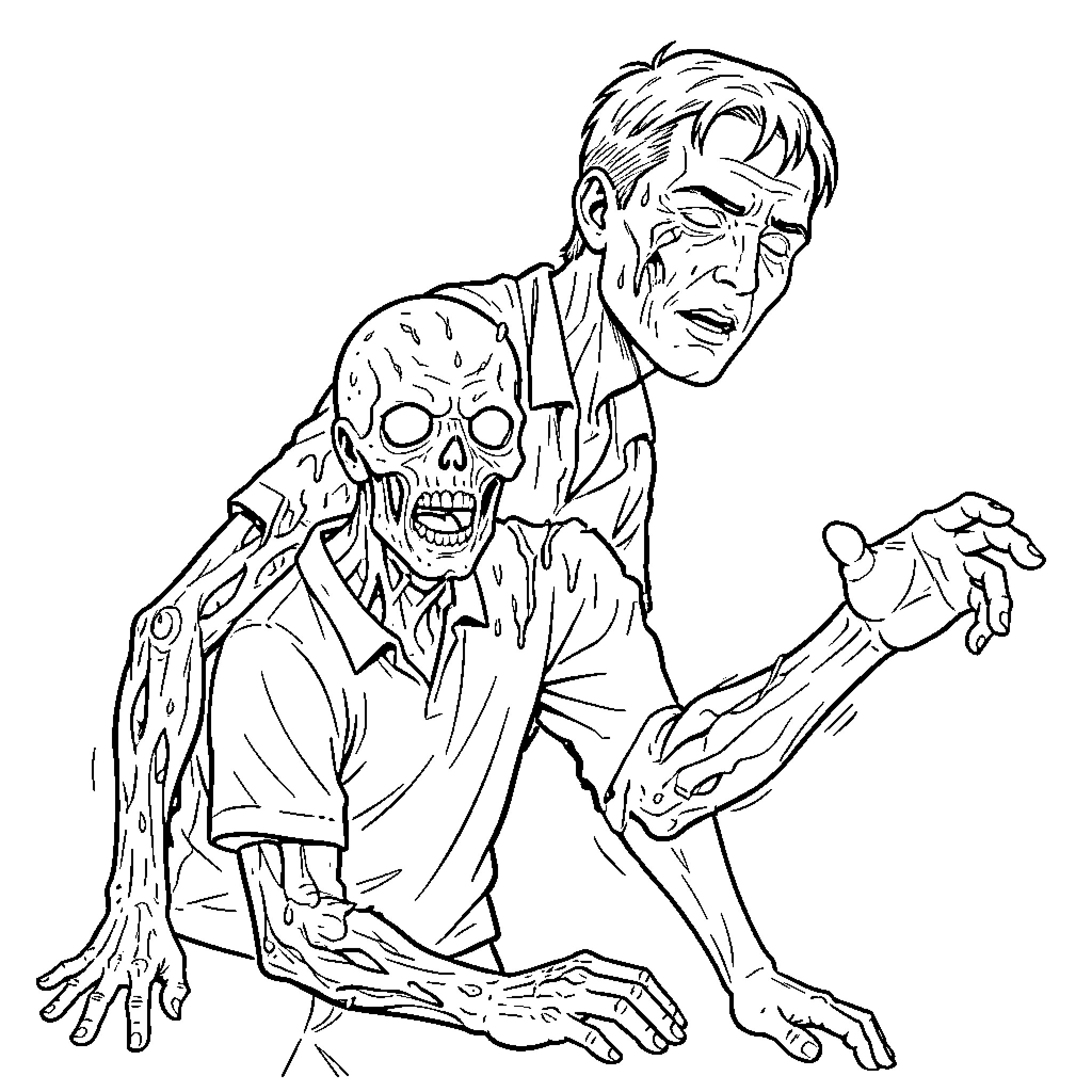 Zombie businessman with decaying body stumbling forward Coloring Page (free black-and-white line drawing printable PDF for all, from beginners to advanced learners, including children, teens, adults, and seniors)