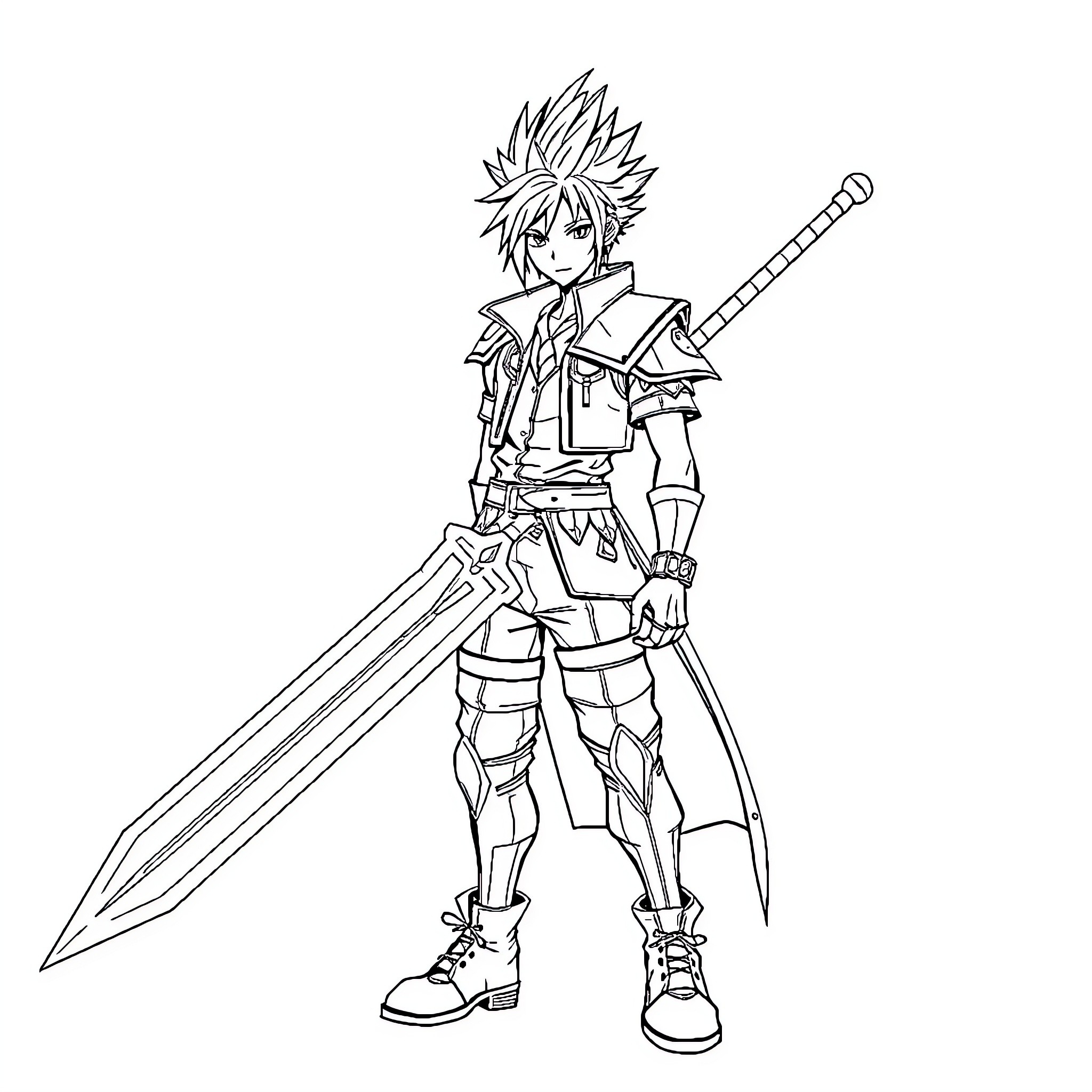 Anime Character with Spiky Hair and Sword Coloring Page (free black-and-white line drawing printable PDF for all, from beginners to advanced learners, including children, teens, adults, and seniors)