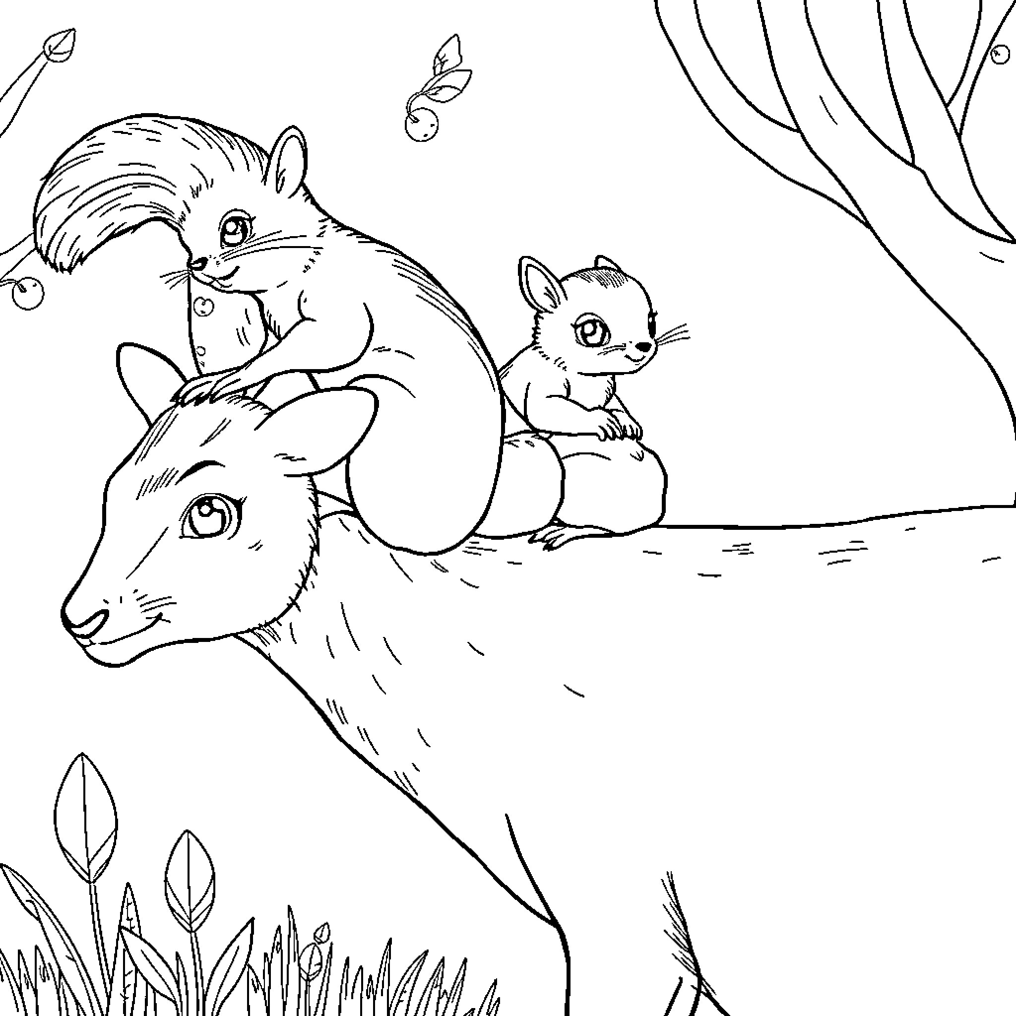Squirrels nestled on a deer in the forest Coloring Page (free black-and-white line drawing printable PDF for all, from beginners to advanced learners, including children, teens, adults, and seniors)