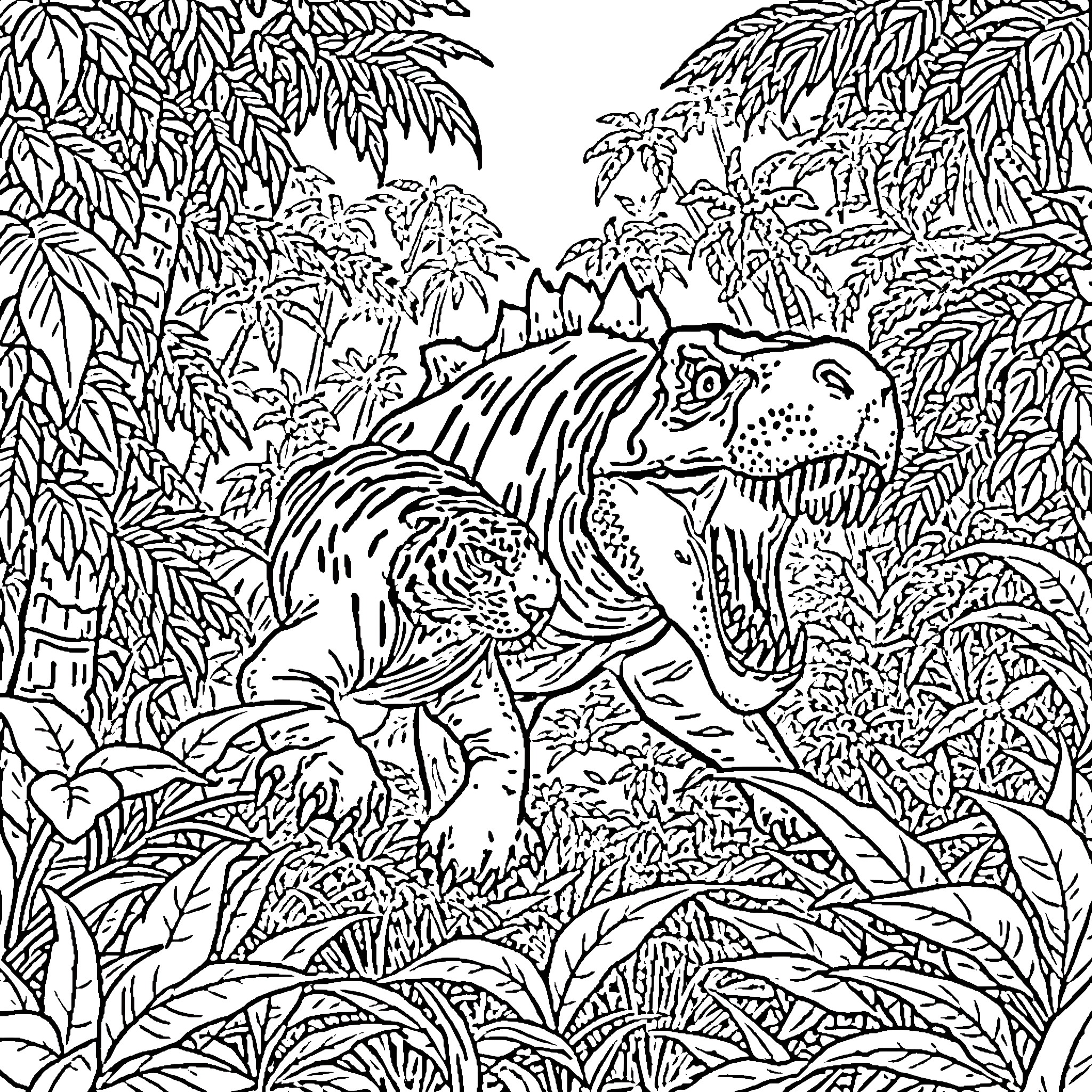 Tiger hunting in the dense jungle Coloring Page (free black-and-white line drawing printable PDF for all, from beginners to advanced learners, including children, teens, adults, and seniors)