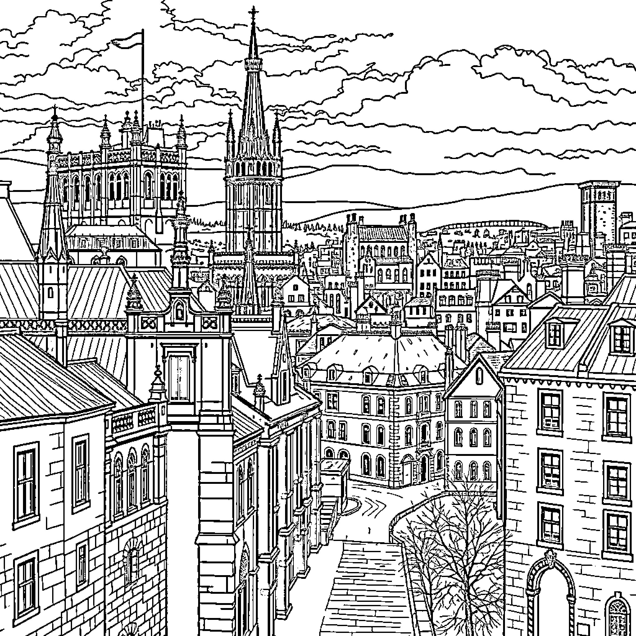 Edinburgh scenic view with historic architecture and cityscape Coloring Page (free black-and-white line drawing printable PDF for all, from beginners to advanced learners, including children, teens, adults, and seniors)