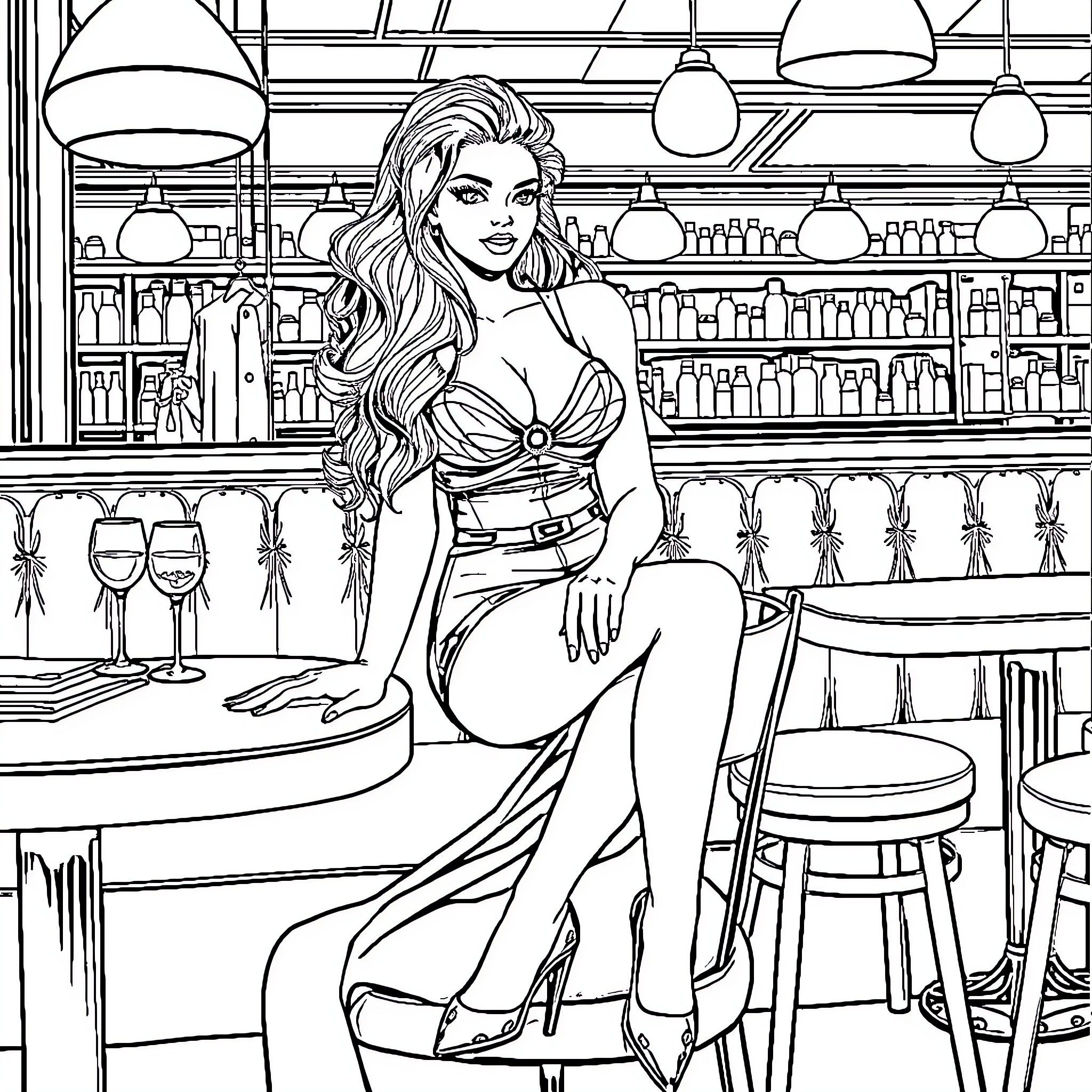 Girl Posing in a Stylish Bar Setting Coloring Page (free black-and-white line drawing printable PDF for all, from beginners to advanced learners, including children, teens, adults, and seniors)