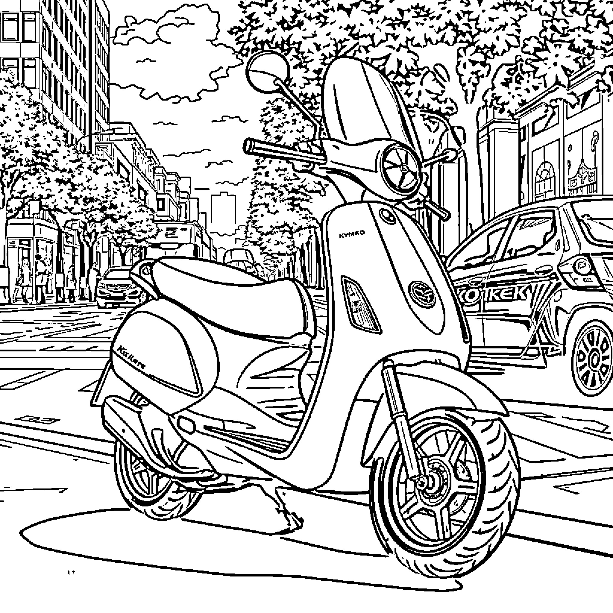 Kymko scooter in the urban city street Coloring Page (free black-and-white line drawing printable PDF for all, from beginners to advanced learners, including children, teens, adults, and seniors)