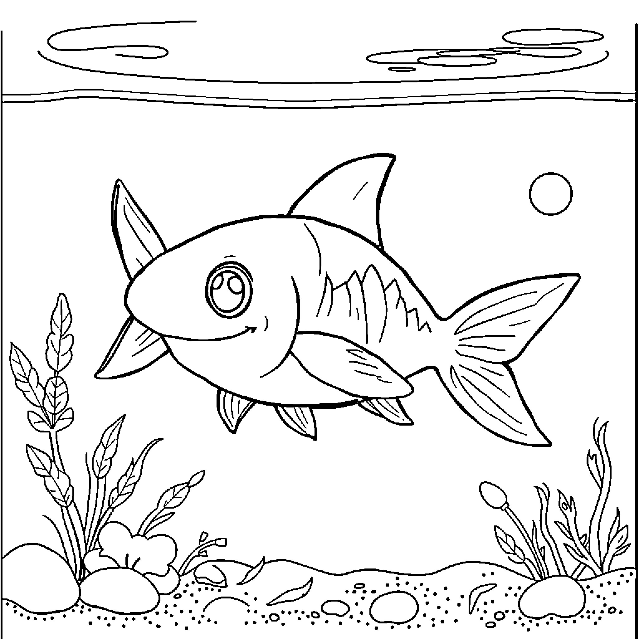 Goldfish swimming happily in an underwater scene Coloring Page (free black-and-white line drawing printable PDF for all, from beginners to advanced learners, including children, teens, adults, and seniors)