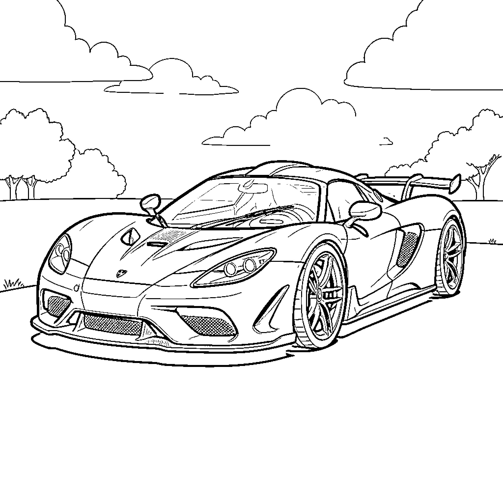 Koenigsegg Agera R racing on scenic countryside road Coloring Page (free black-and-white line drawing printable PDF for all, from beginners to advanced learners, including children, teens, adults, and seniors)