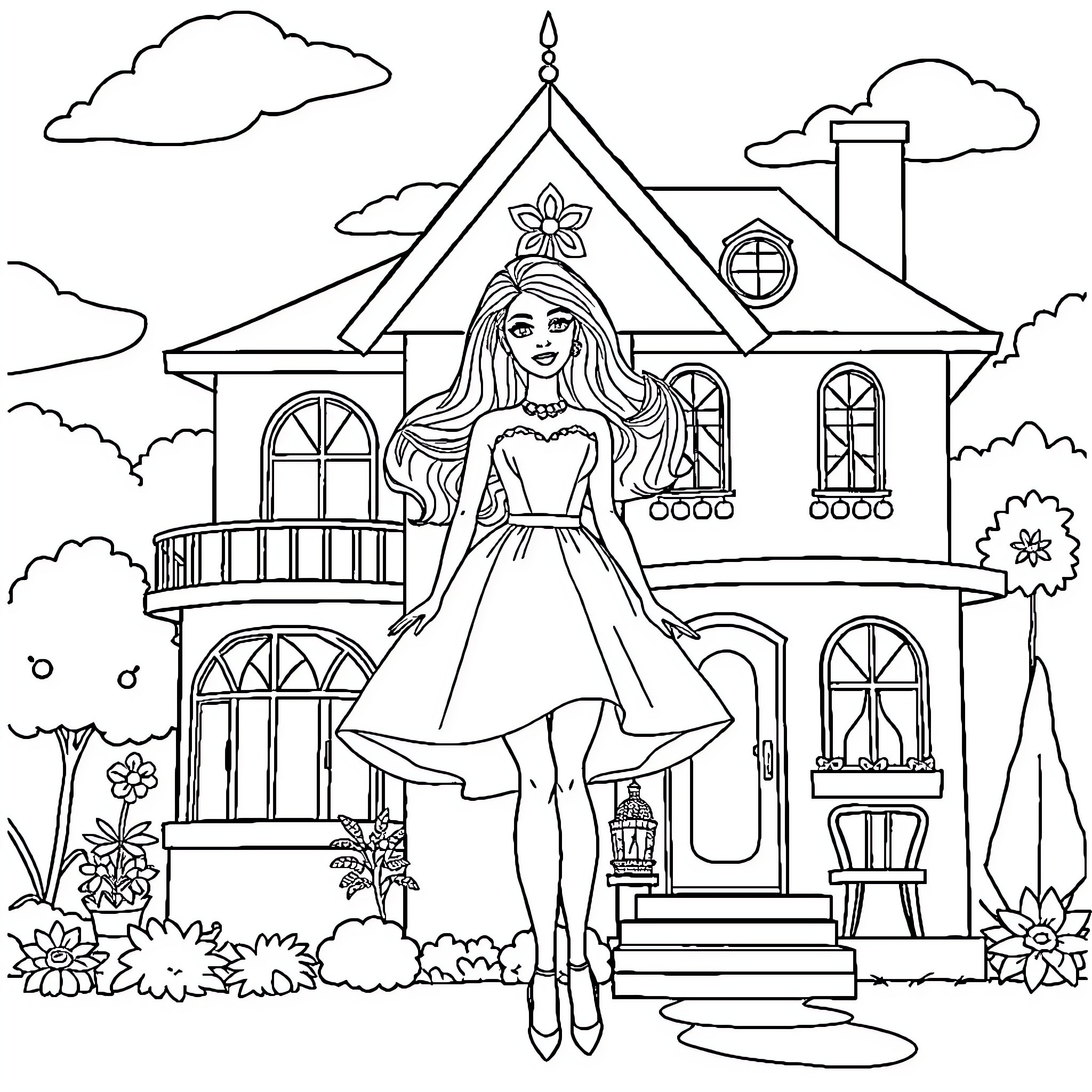 Barbie exploring a beautiful dream house Coloring Page (free black-and-white line drawing printable PDF for all, from beginners to advanced learners, including children, teens, adults, and seniors)
