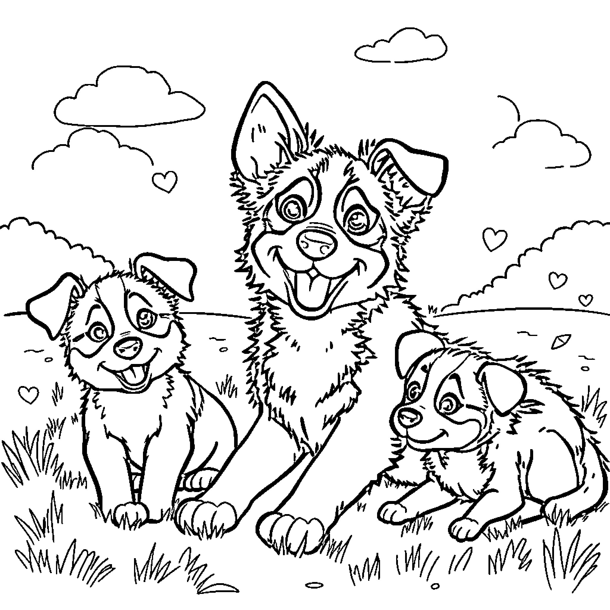 Bluey and friends playing happily in the park Coloring Page (free black-and-white line drawing printable PDF for all, from beginners to advanced learners, including children, teens, adults, and seniors)