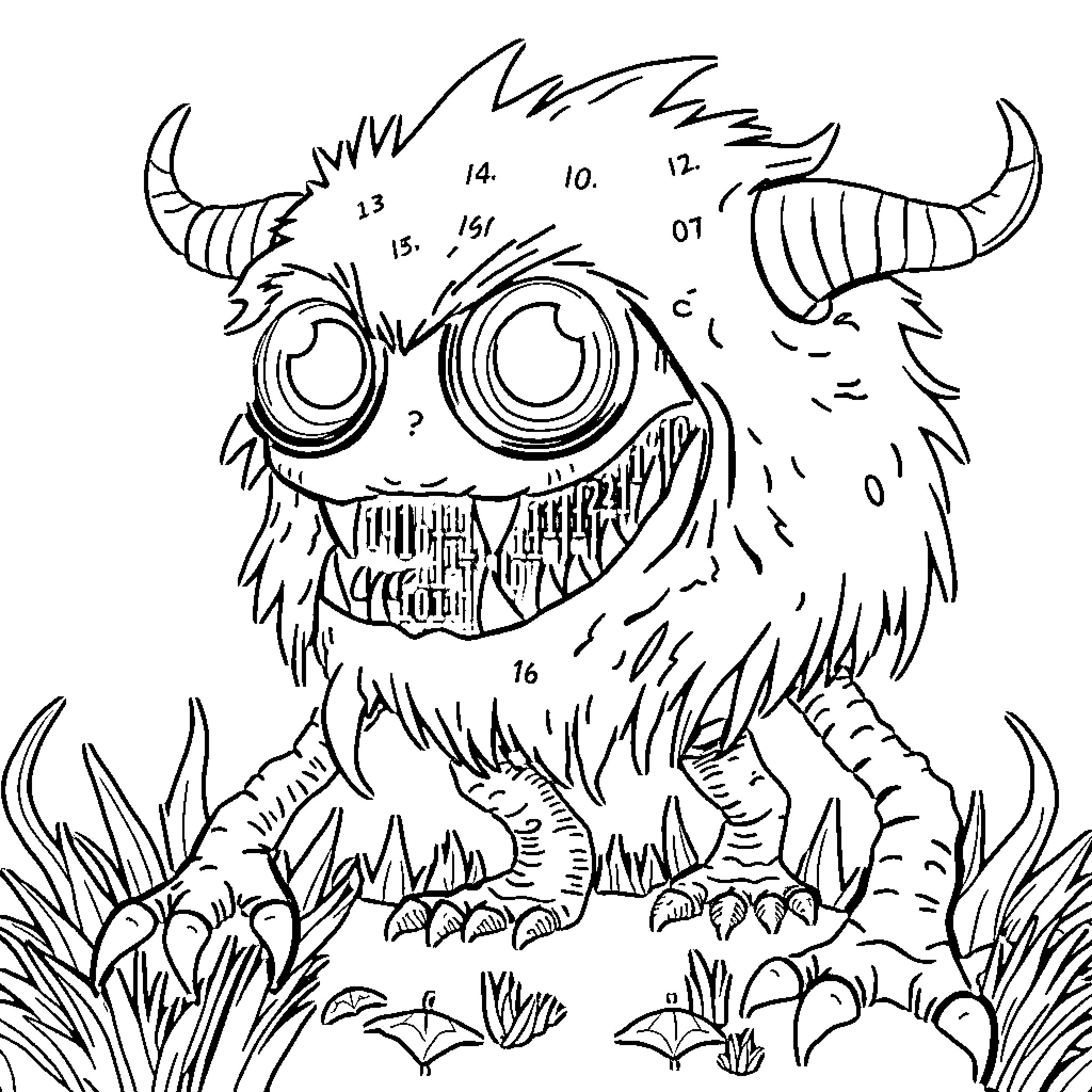 Monster with Bizarre Eyes and Fangs in Lush Vegetation Coloring Page (free black-and-white line drawing printable PDF for all, from beginners to advanced learners, including children, teens, adults, and seniors)