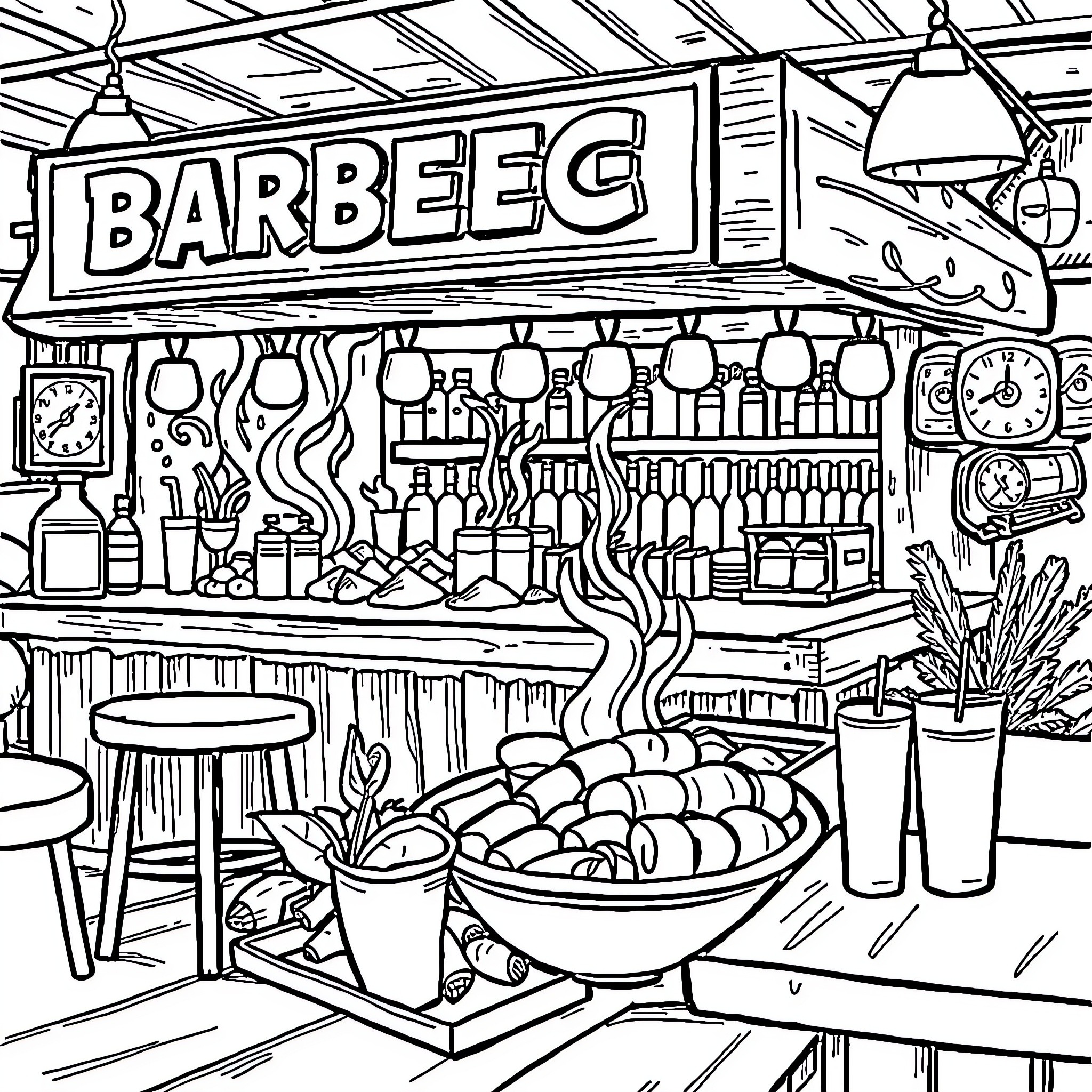 Barbecue Restaurant Scene with Lively Atmosphere Coloring Page (free black-and-white line drawing printable PDF for all, from beginners to advanced learners, including children, teens, adults, and seniors)