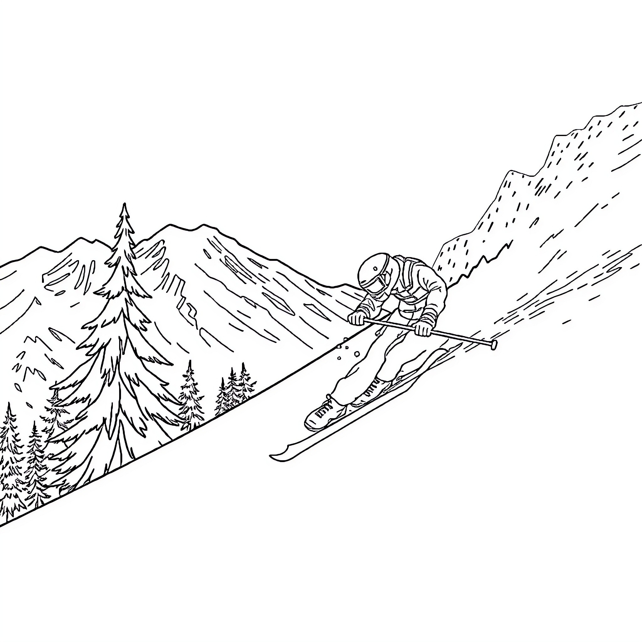 Football Player Skiing Down Snowy Mountain Coloring Page (free black-and-white line drawing printable PDF for all, from beginners to advanced learners, including children, teens, adults, and seniors)