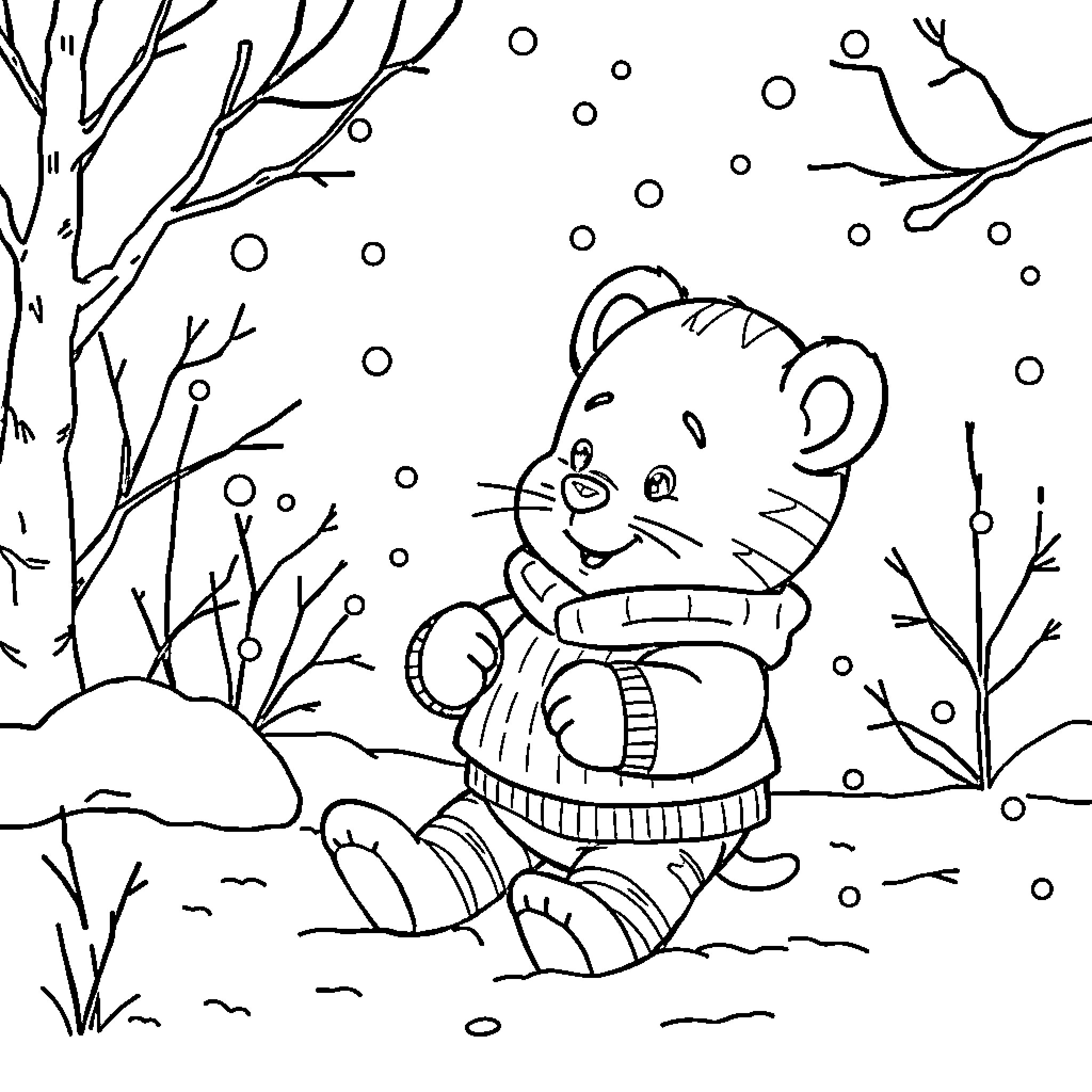 Daniel Tiger playing in the snow Coloring Page (free black-and-white line drawing printable PDF for all, from beginners to advanced learners, including children, teens, adults, and seniors)