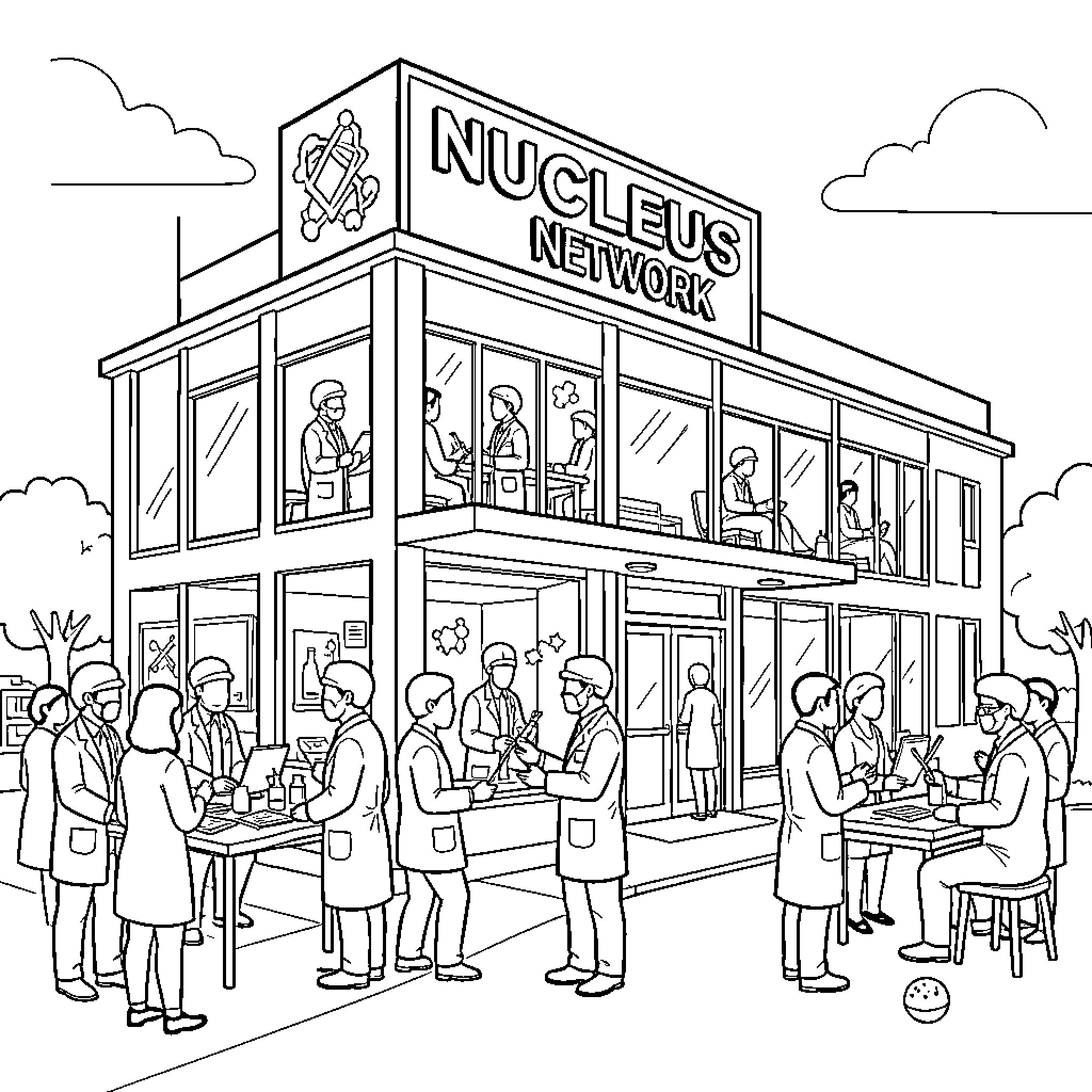 Nucleus scientists interacting and working inside a modern building Coloring Page (free black-and-white line drawing printable PDF for all, from beginners to advanced learners, including children, teens, adults, and seniors)