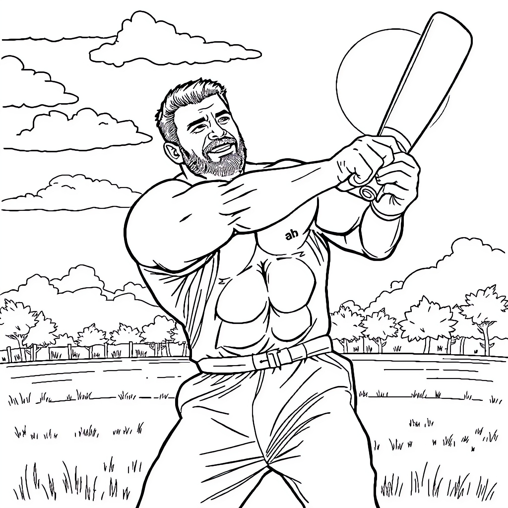 Ronnie Coleman flexing his muscles with a baseball bat Coloring Page (free black-and-white line drawing printable PDF for all, from beginners to advanced learners, including children, teens, adults, and seniors)