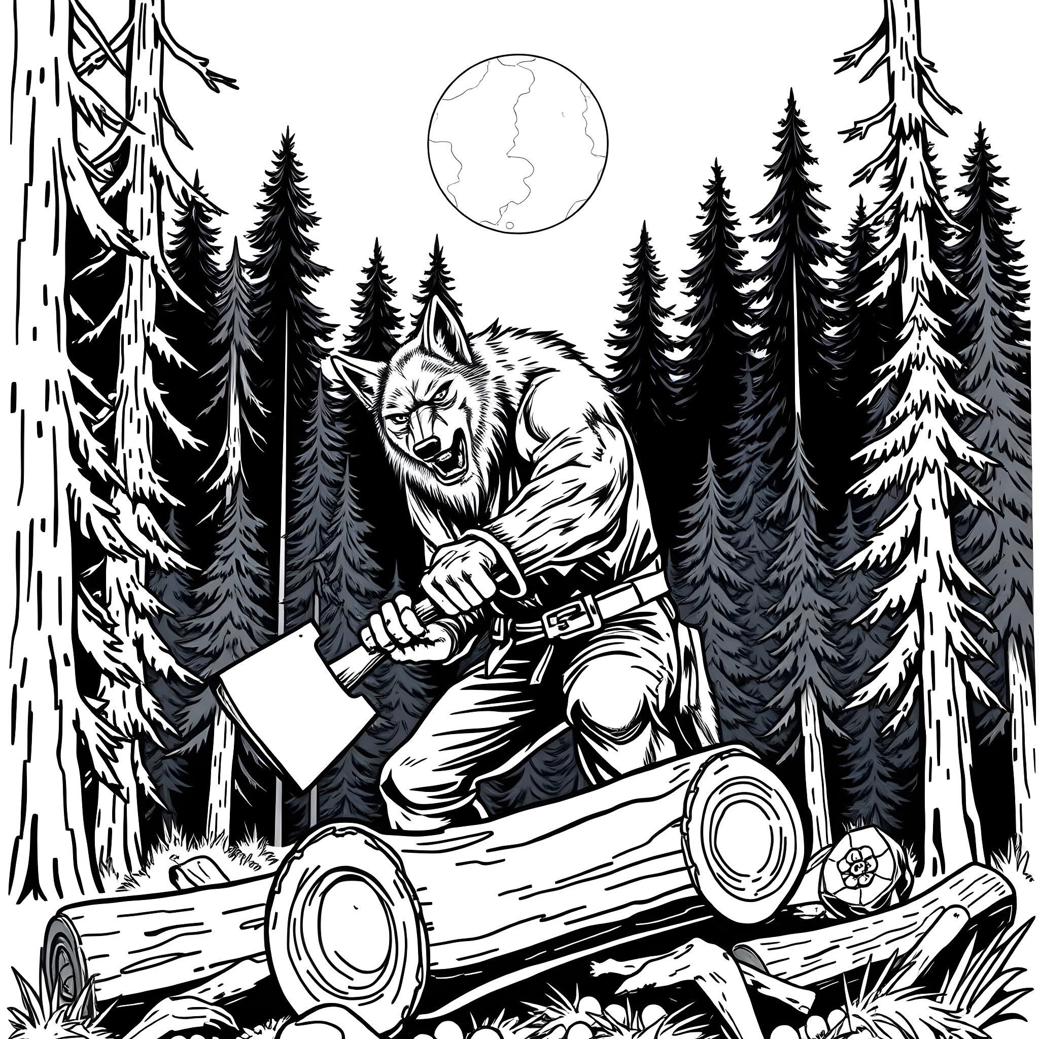 Werewolf ferociously hacking a tree stump in the moonlit forest Coloring Page (free black-and-white line drawing printable PDF for all, from beginners to advanced learners, including children, teens, adults, and seniors)