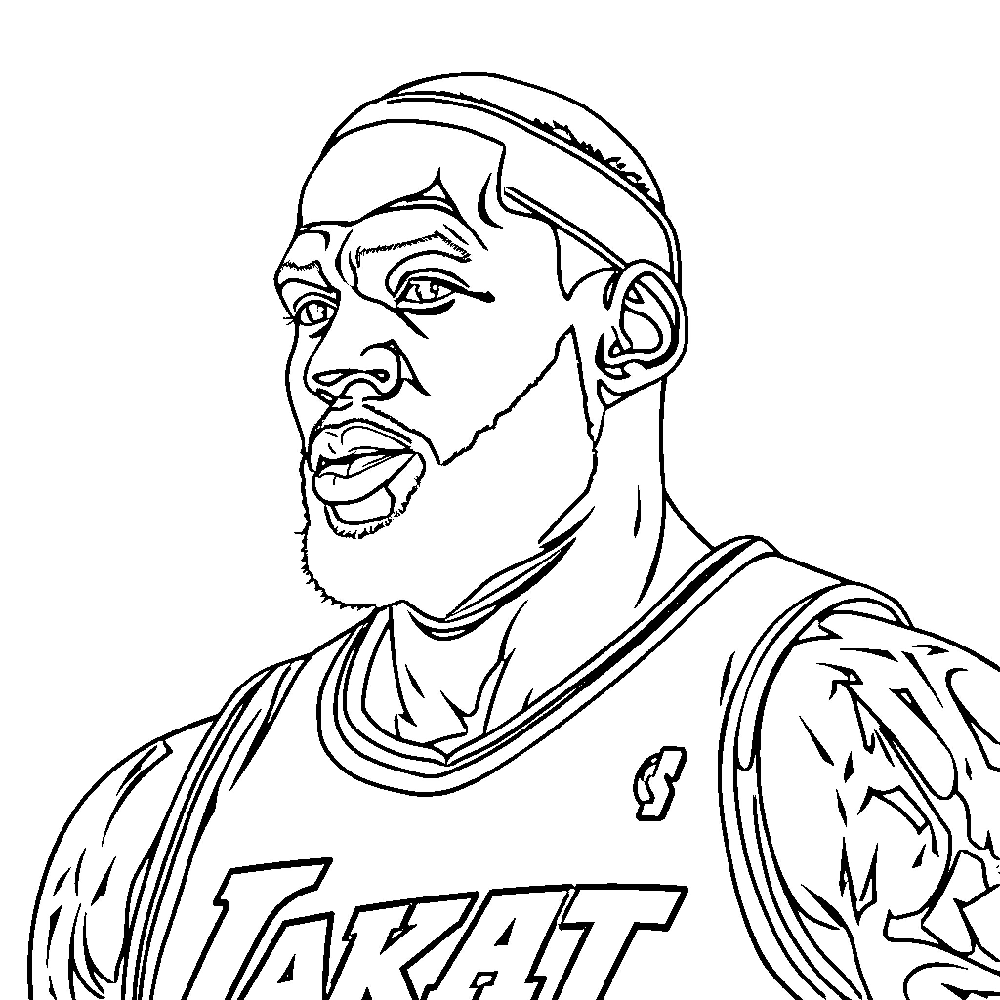 LeBron James in basketball jersey focused on the game Coloring Page (free black-and-white line drawing printable PDF for all, from beginners to advanced learners, including children, teens, adults, and seniors)