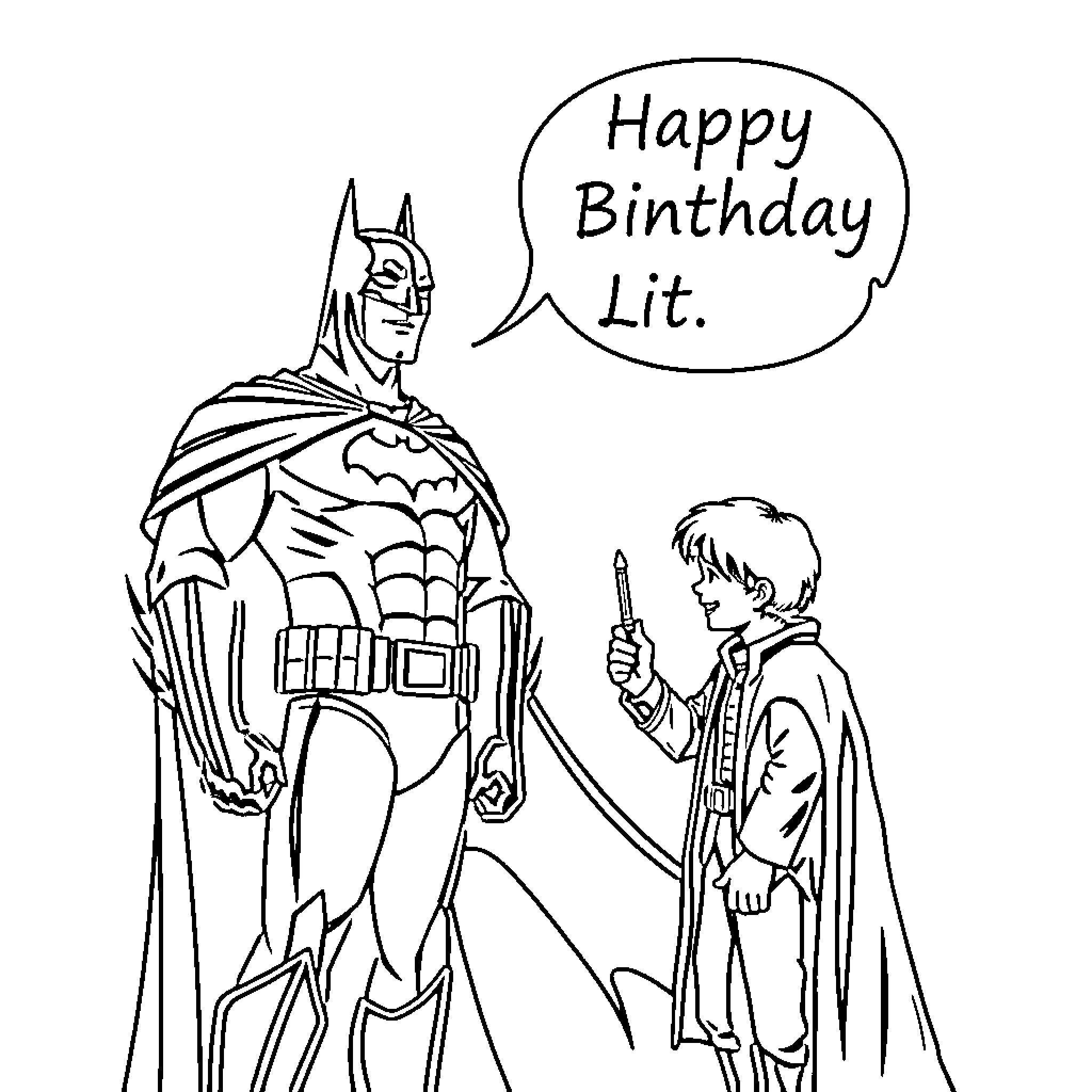 Batman wishing a happy birthday to a young fan Coloring Page (free black-and-white line drawing printable PDF for all, from beginners to advanced learners, including children, teens, adults, and seniors)