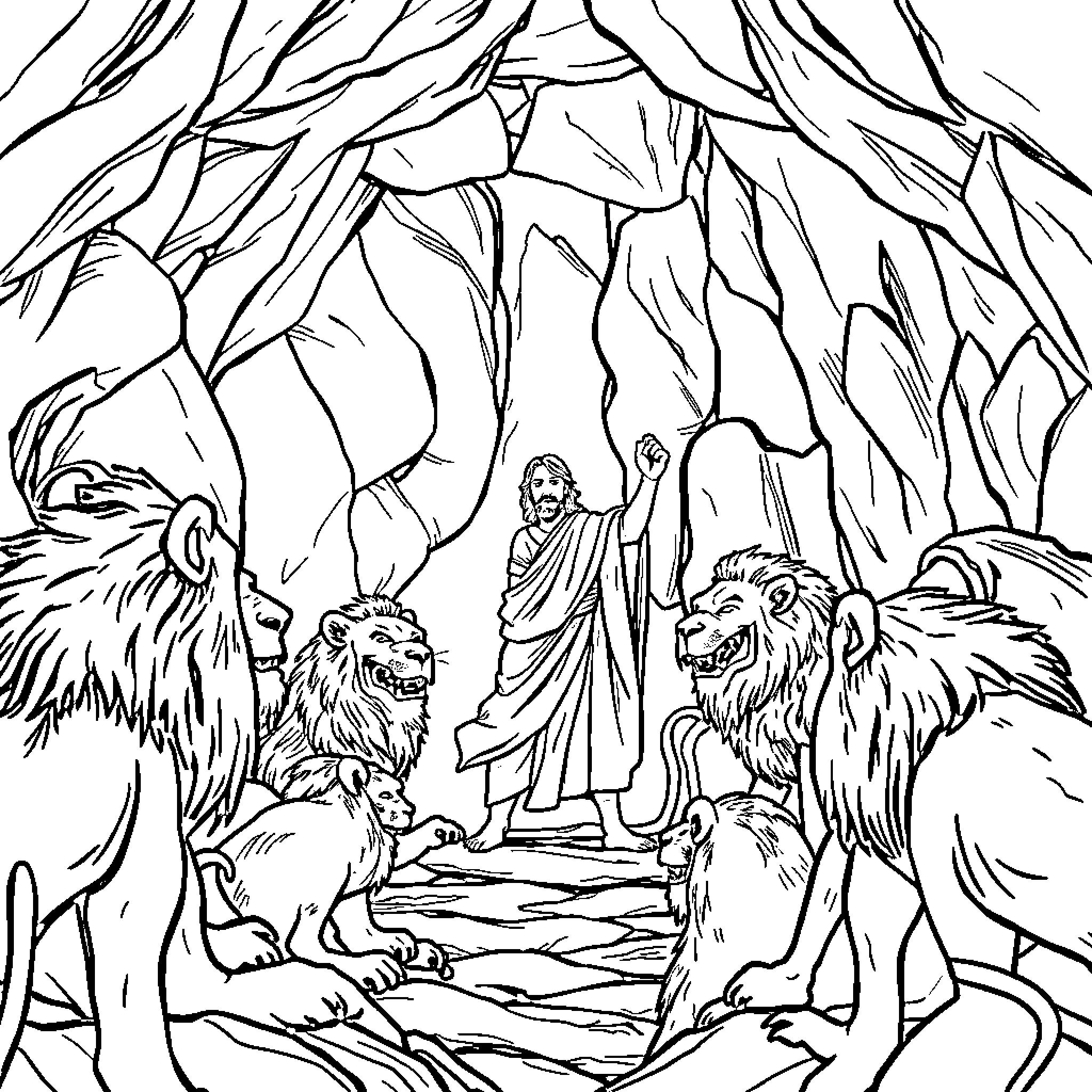 Daniel confronts lions in a rocky landscape Coloring Page (free black-and-white line drawing printable PDF for all, from beginners to advanced learners, including children, teens, adults, and seniors)