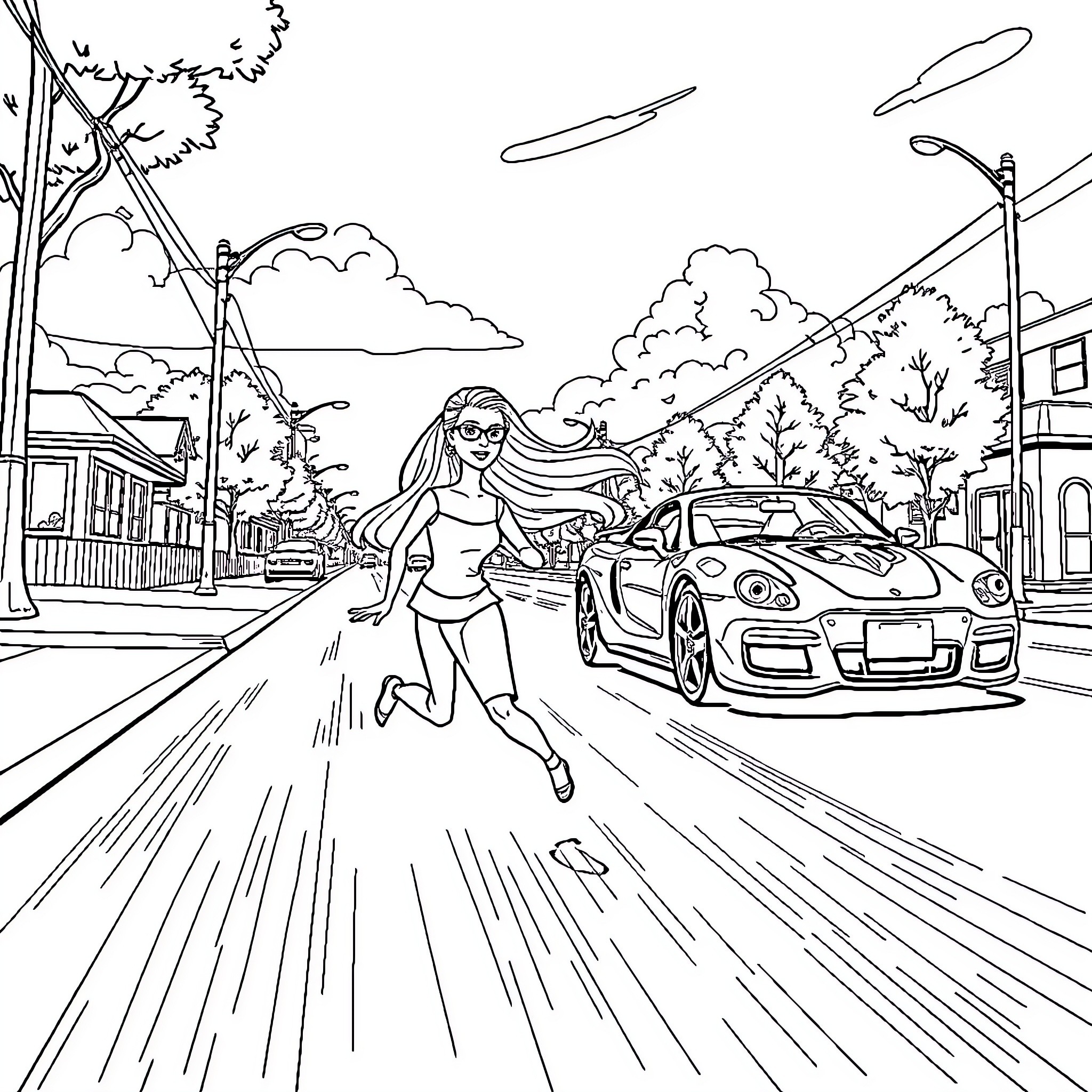 Barbie racing through the city streets Coloring Page (free black-and-white line drawing printable PDF for all, from beginners to advanced learners, including children, teens, adults, and seniors)
