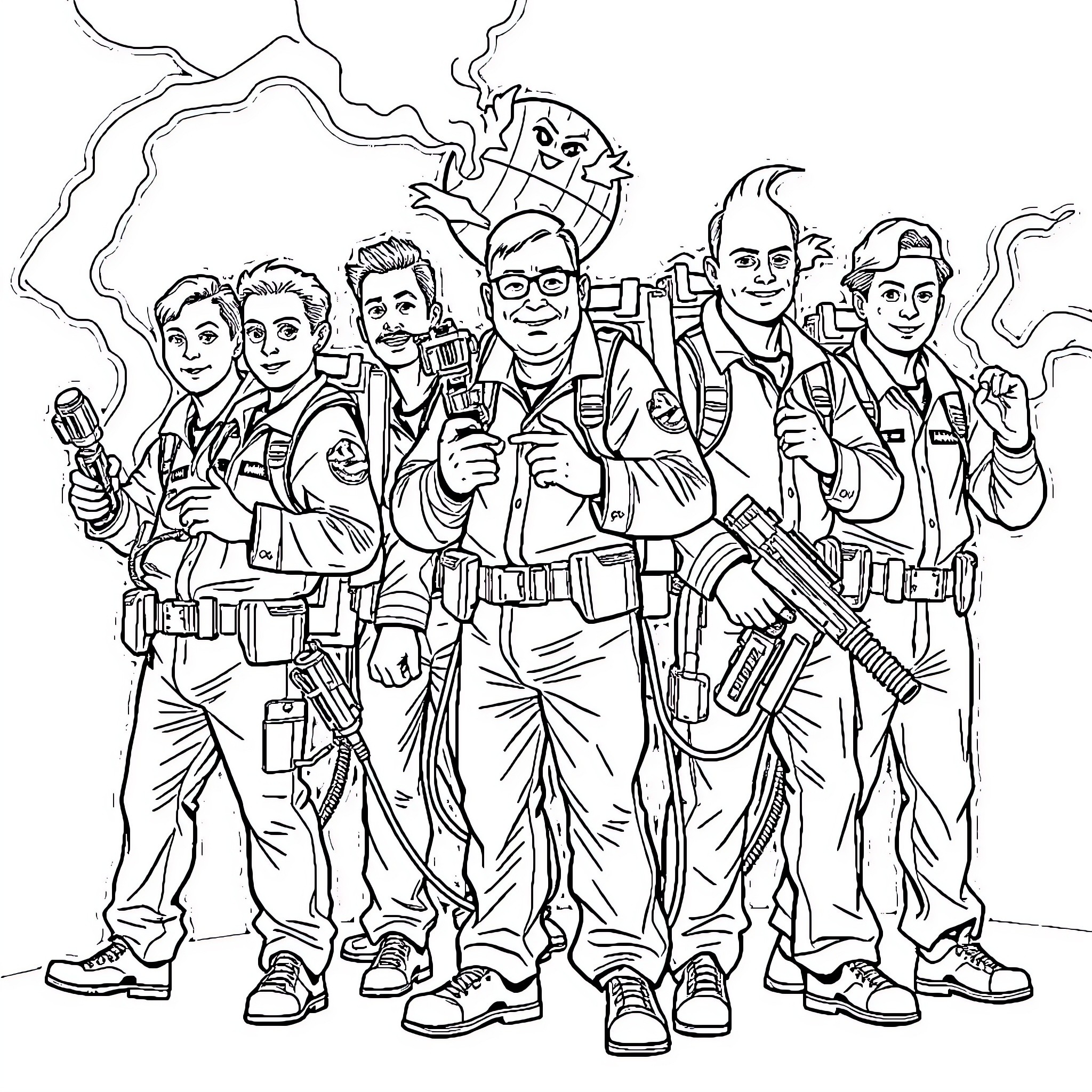 Ghostbusters team in action with gear and equipment Coloring Page (free black-and-white line drawing printable PDF for all, from beginners to advanced learners, including children, teens, adults, and seniors)