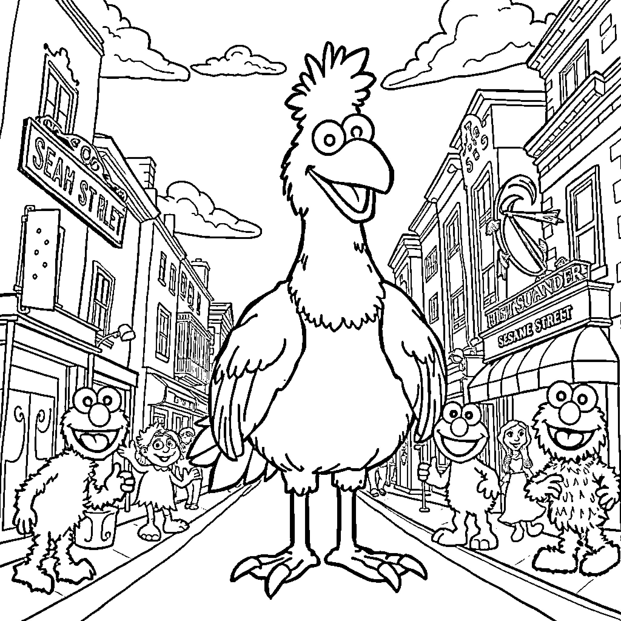 Bird exploring a lively city street Coloring Page (free black-and-white line drawing printable PDF for all, from beginners to advanced learners, including children, teens, adults, and seniors)