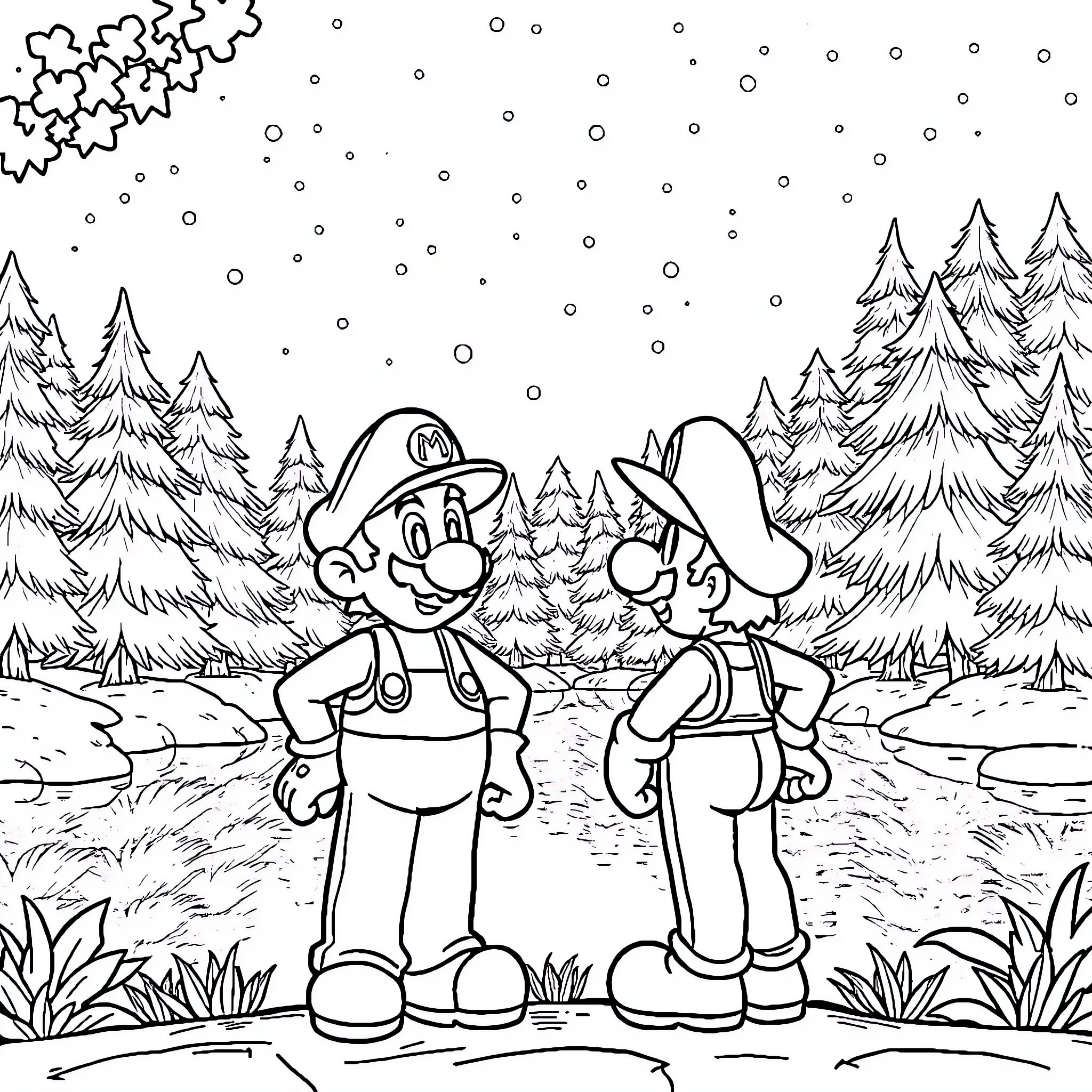 Mario and Luigi Exploring the Wintry Wilderness Coloring Page (free black-and-white line drawing printable PDF for all, from beginners to advanced learners, including children, teens, adults, and seniors)