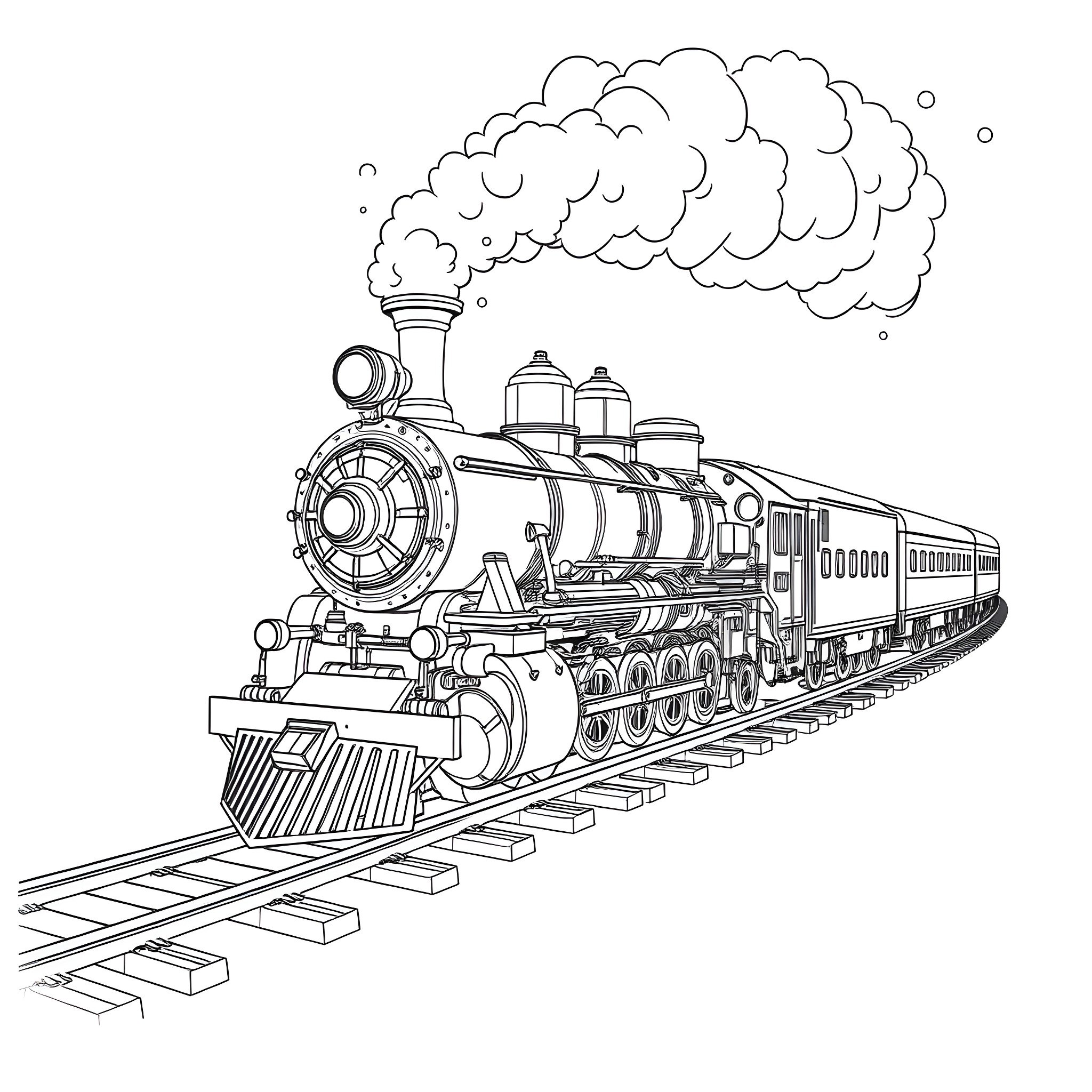 Steam Train Rushing Down the Tracks Coloring Page (free black-and-white line drawing printable PDF for all, from beginners to advanced learners, including children, teens, adults, and seniors)