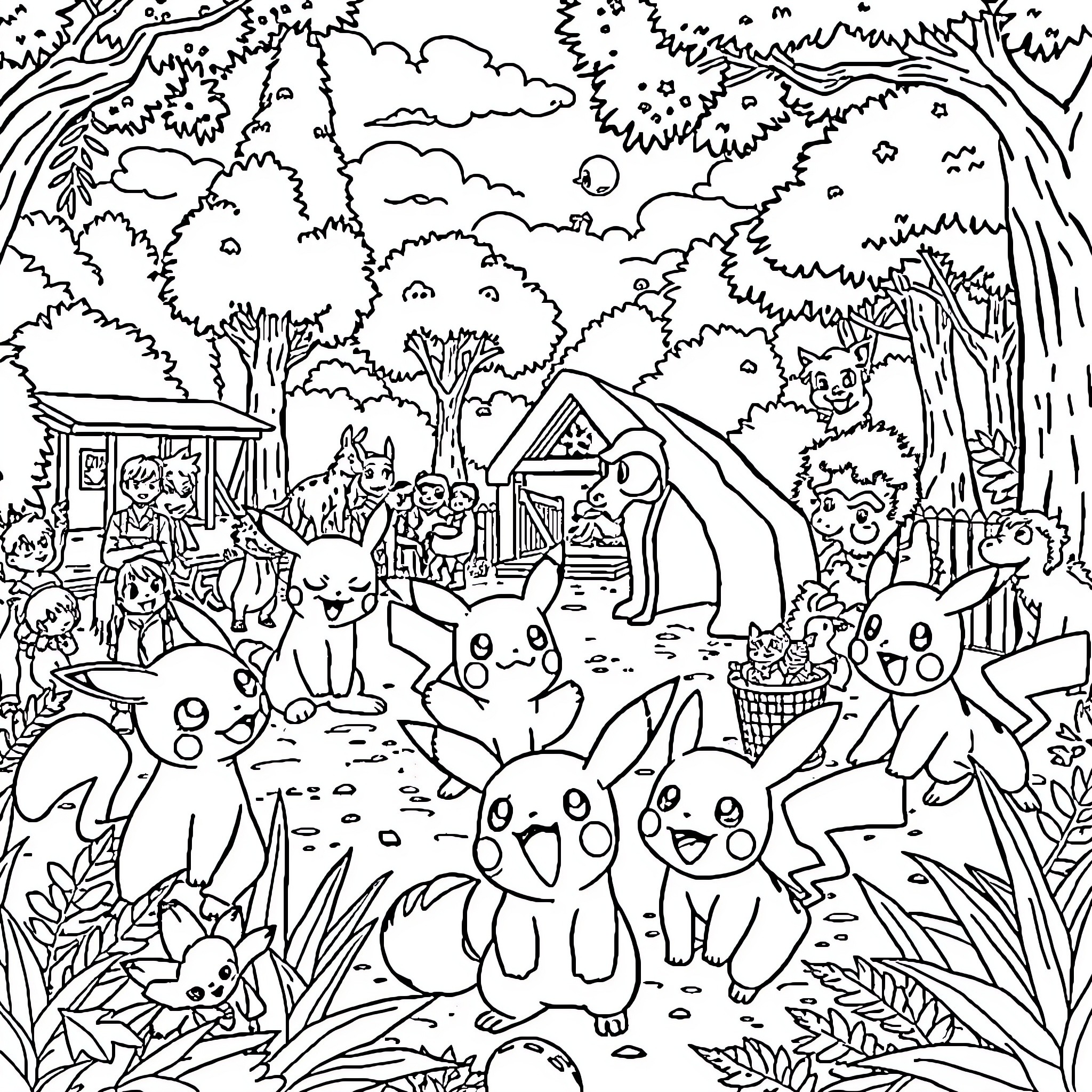 Pokémon characters exploring the wilderness Coloring Page (free black-and-white line drawing printable PDF for all, from beginners to advanced learners, including children, teens, adults, and seniors)