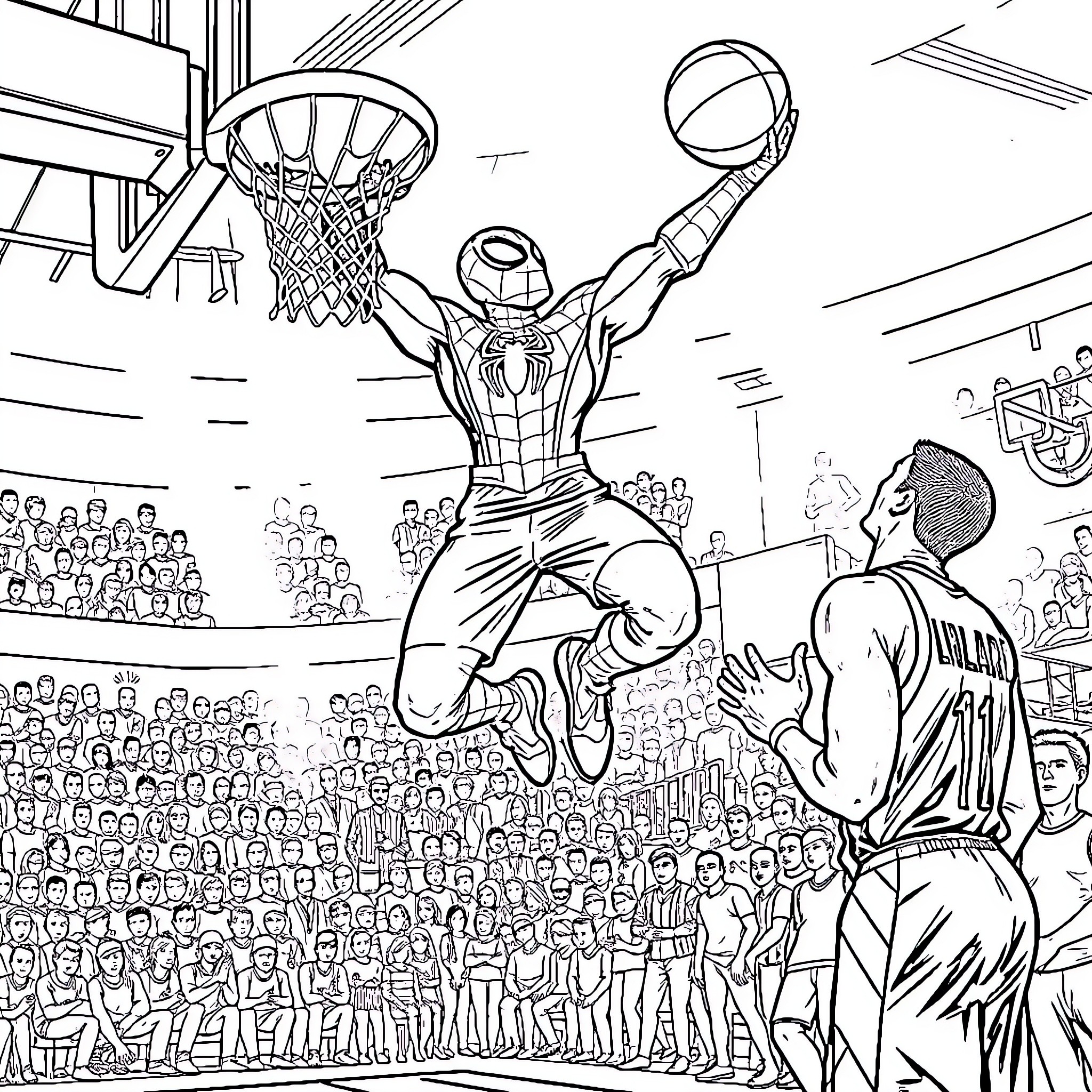 Spiderman showcasing impressive basketball skills Coloring Page (free black-and-white line drawing printable PDF for all, from beginners to advanced learners, including children, teens, adults, and seniors)