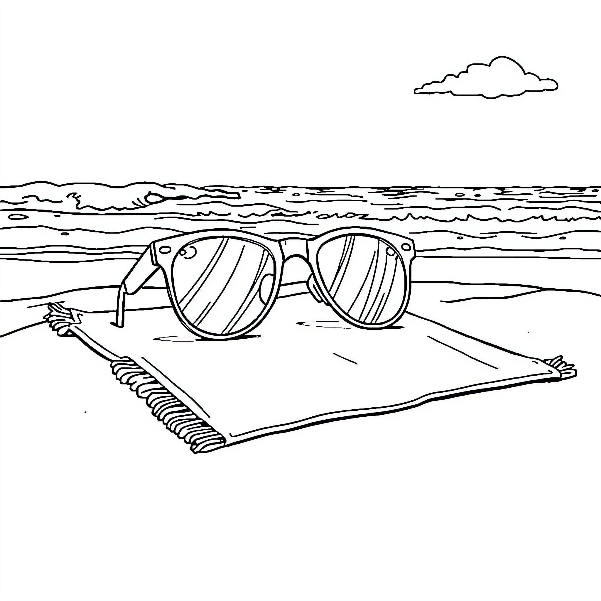 Sunglasses left on beach towel by the ocean Coloring Page (free black-and-white line drawing printable PDF for all, from beginners to advanced learners, including children, teens, adults, and seniors)