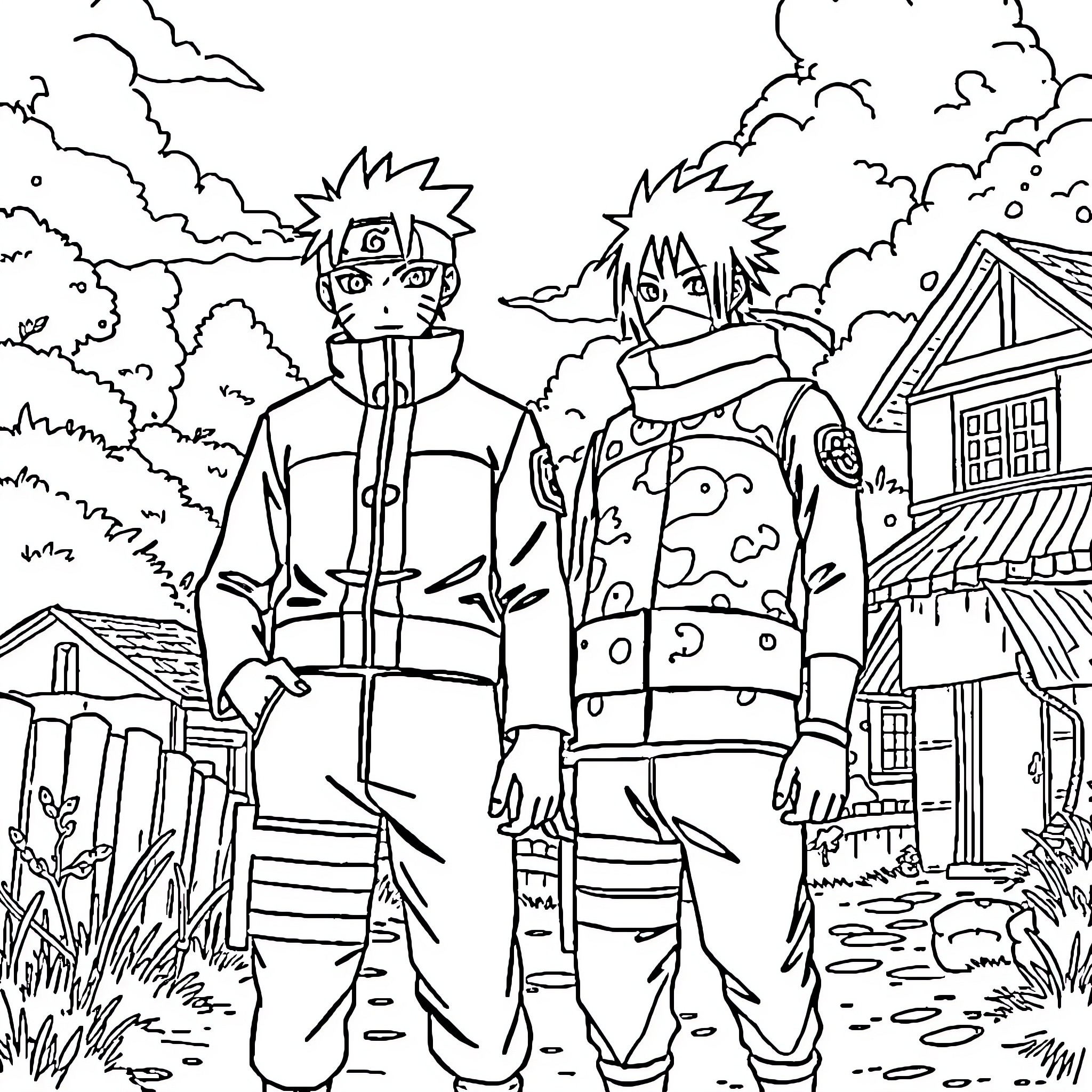 Naruto characters in adventurous outdoor setting Coloring Page (free black-and-white line drawing printable PDF for all, from beginners to advanced learners, including children, teens, adults, and seniors)