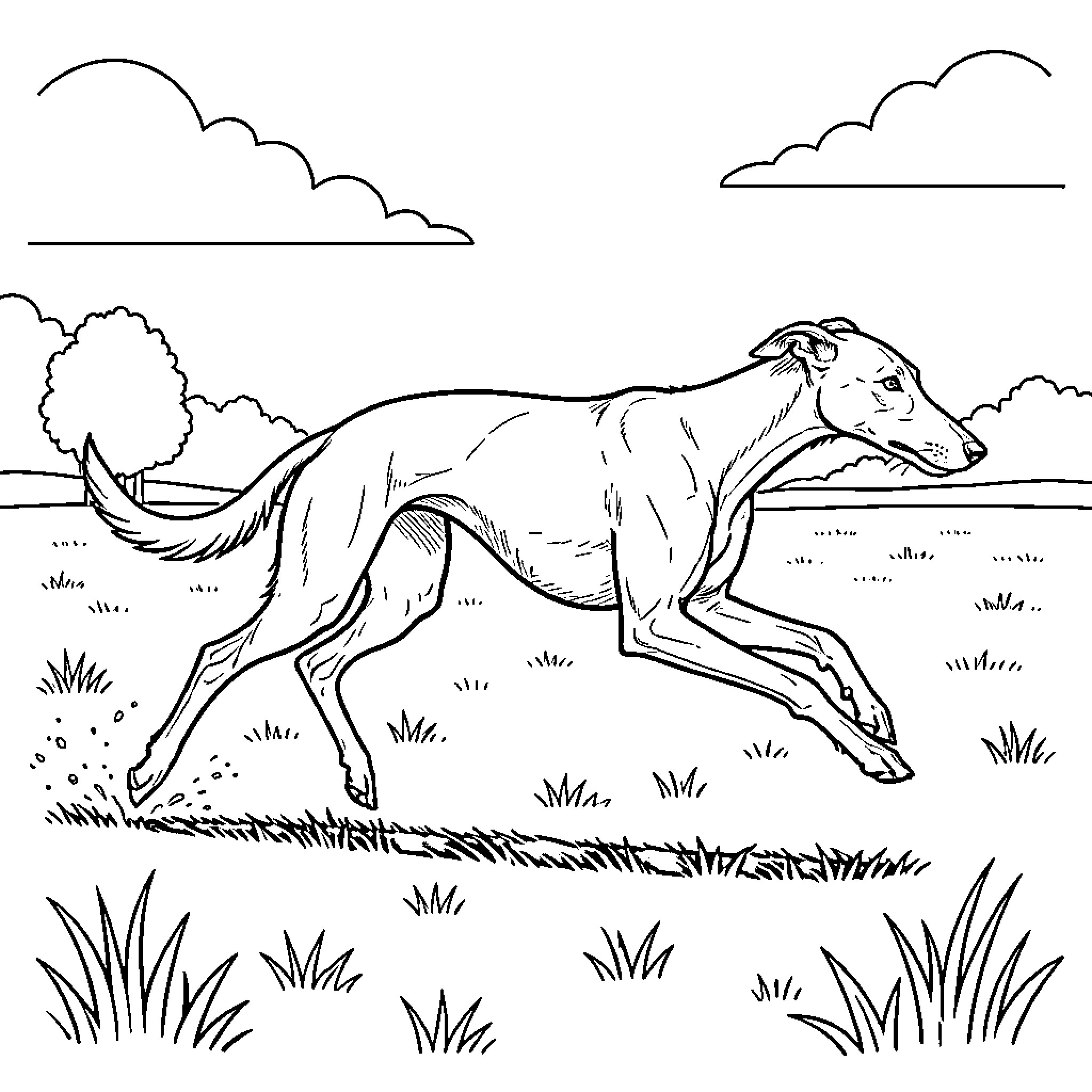 Greyhound running energetically through an open field Coloring Page (free black-and-white line drawing printable PDF for all, from beginners to advanced learners, including children, teens, adults, and seniors)