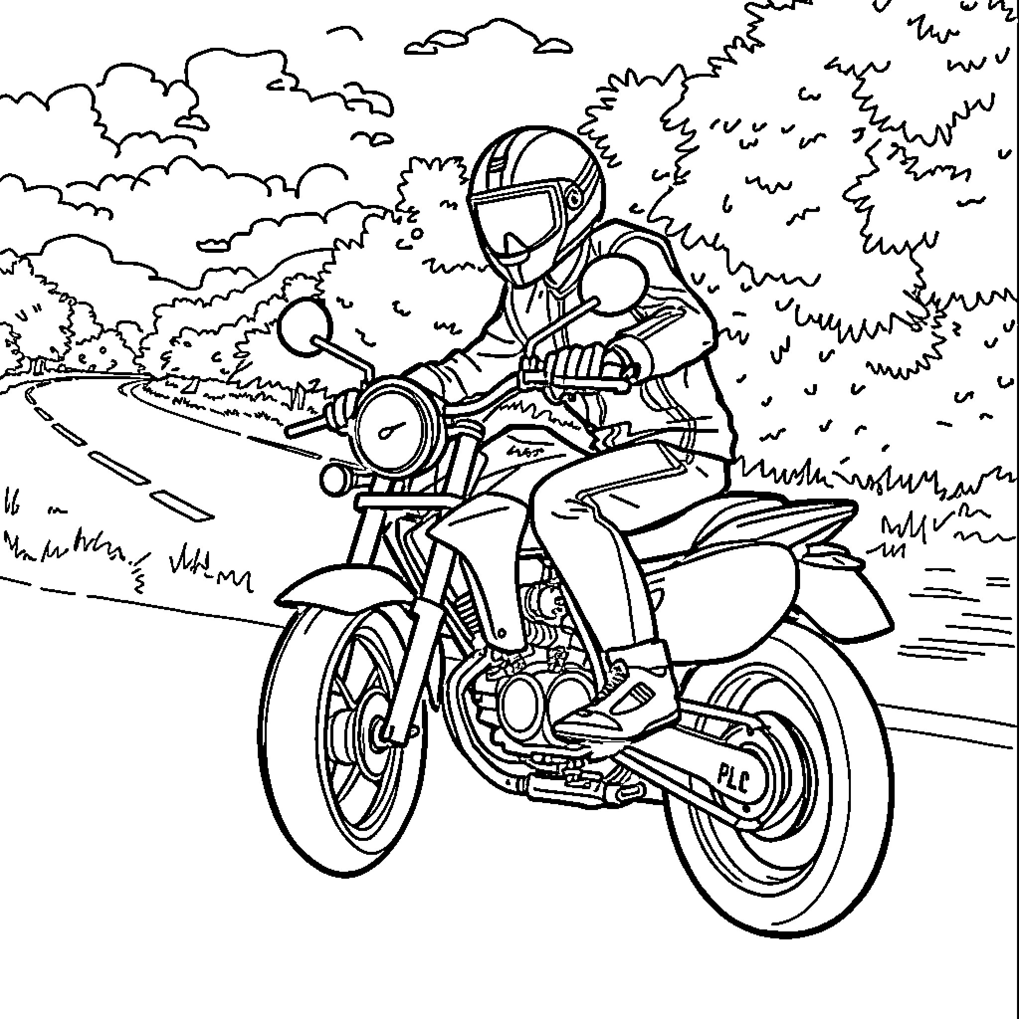 Motobike rider wearing protective gear on a winding road Coloring Page (free black-and-white line drawing printable PDF for all, from beginners to advanced learners, including children, teens, adults, and seniors)