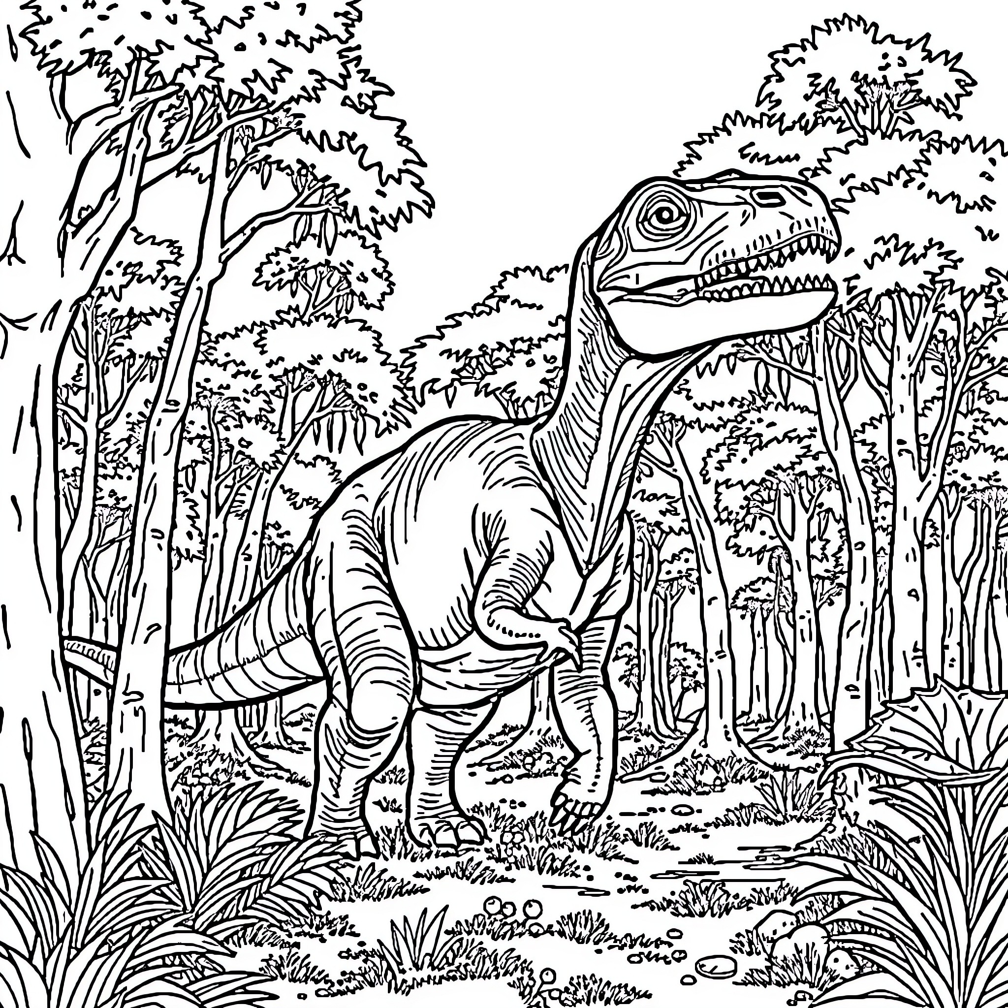 Dinosaur Roaming Through Lush Prehistoric Forest Coloring Page (free black-and-white line drawing printable PDF for all, from beginners to advanced learners, including children, teens, adults, and seniors)