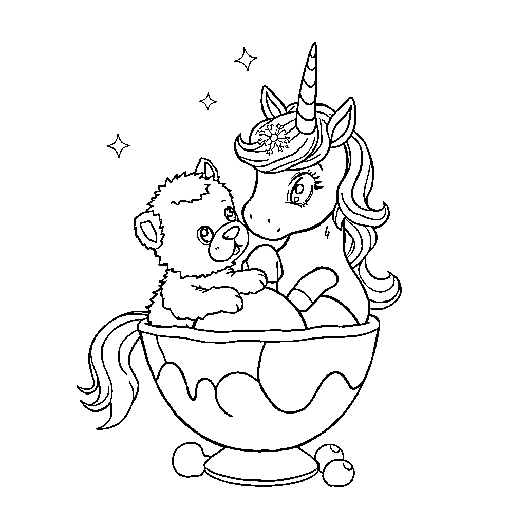 Unicorn Enjoying a Cozy Cup of Tea with Plush Friend Coloring Page (free black-and-white line drawing printable PDF for all, from beginners to advanced learners, including children, teens, adults, and seniors)