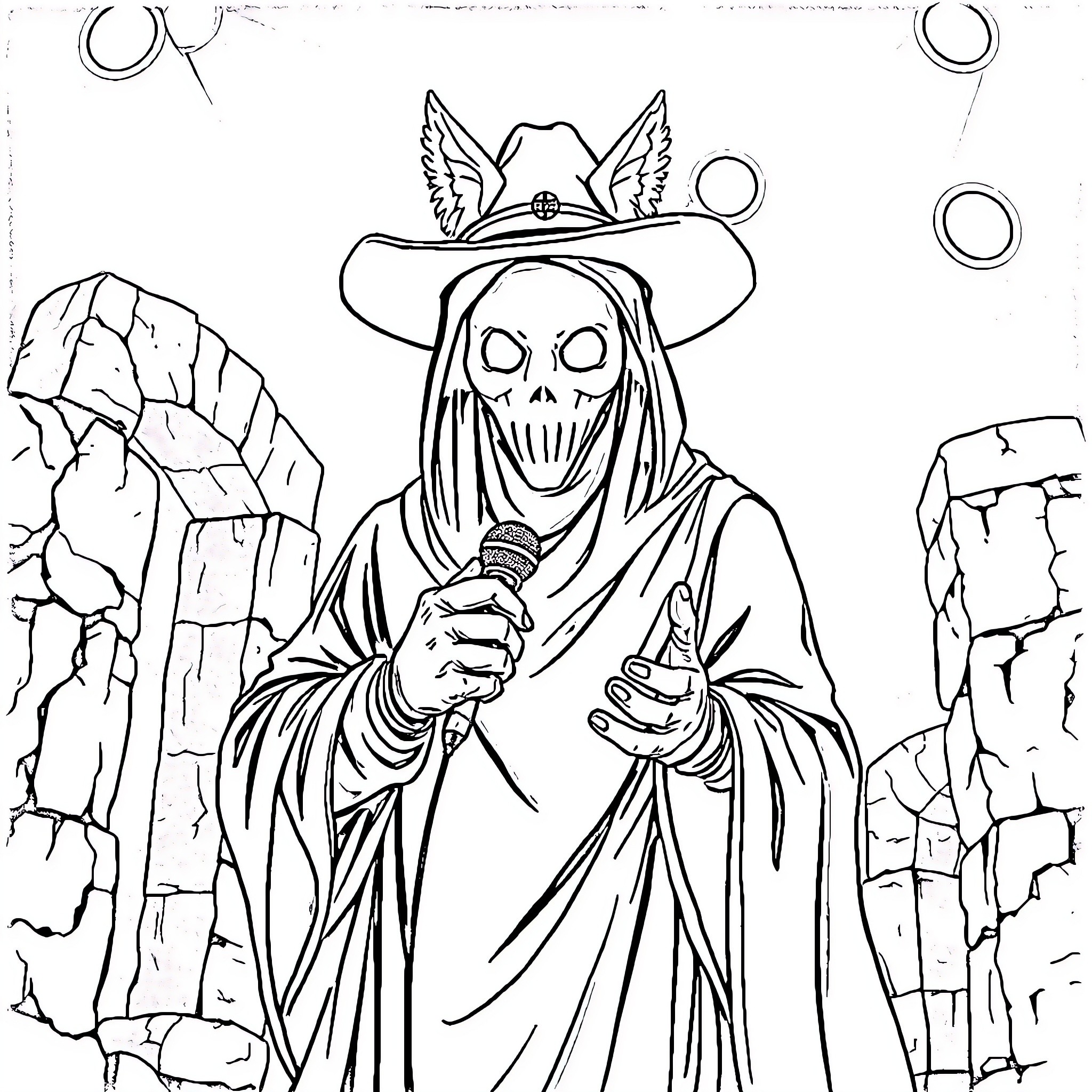 Vessel of Eerie Apparition with Winged Headgear Coloring Page (free black-and-white line drawing printable PDF for all, from beginners to advanced learners, including children, teens, adults, and seniors)